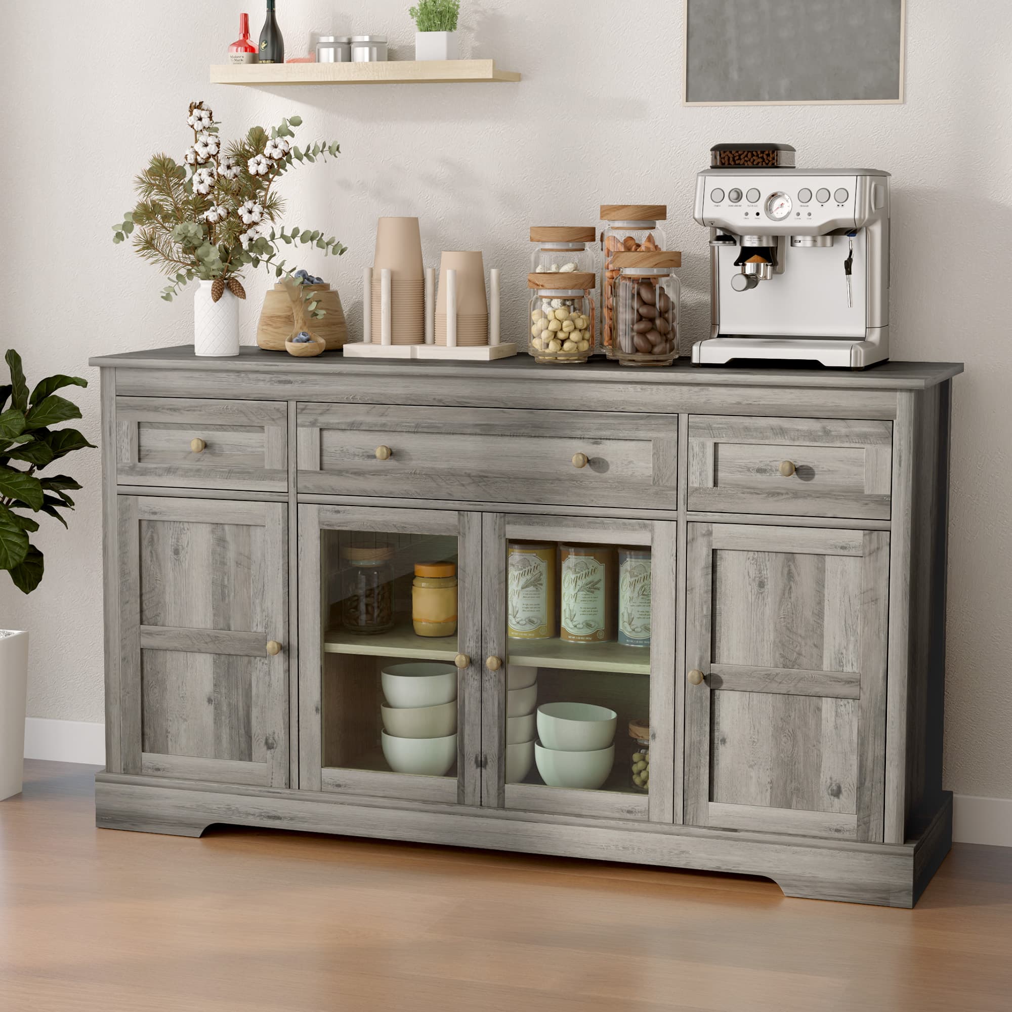HOMCOM Sideboard Buffet Cabinet with Storage, Coffee Bar Cabinet with Glass Doors and Adjustable Shelves, Weathered Grey Oak | Aosom Canada