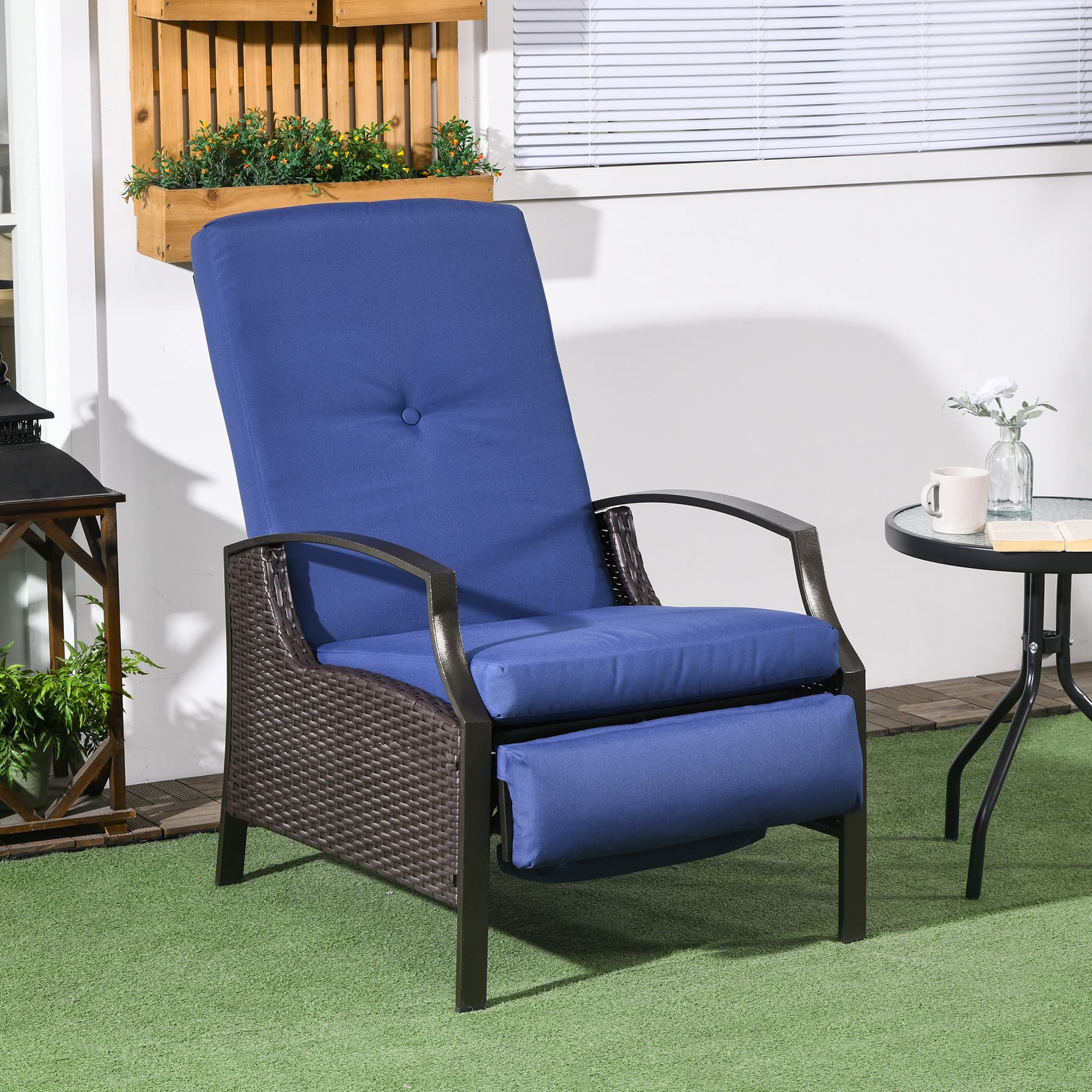 Outsunny Outdoor Rattan Recliner Chair, Wicker Reclining Chair with Adjustable Back Retractable Footrest Cushion Dark Blue | Aosom Canada