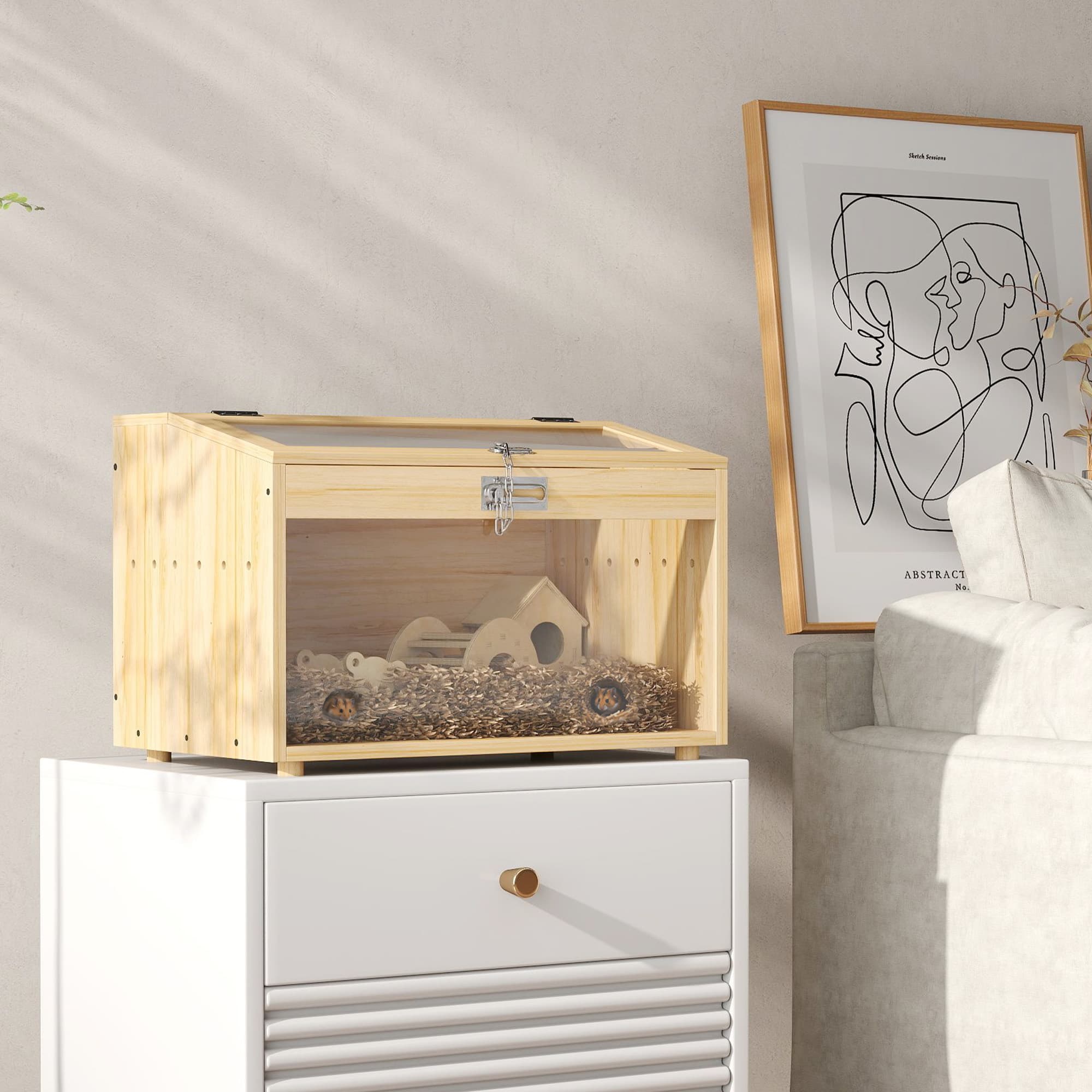 PawHut 22"L Hamster Cage with Openable Top & Acrylic Windows, Small Animal Cage with Hut, Seesaw, Ladder, Natural Wood | Aosom Canada