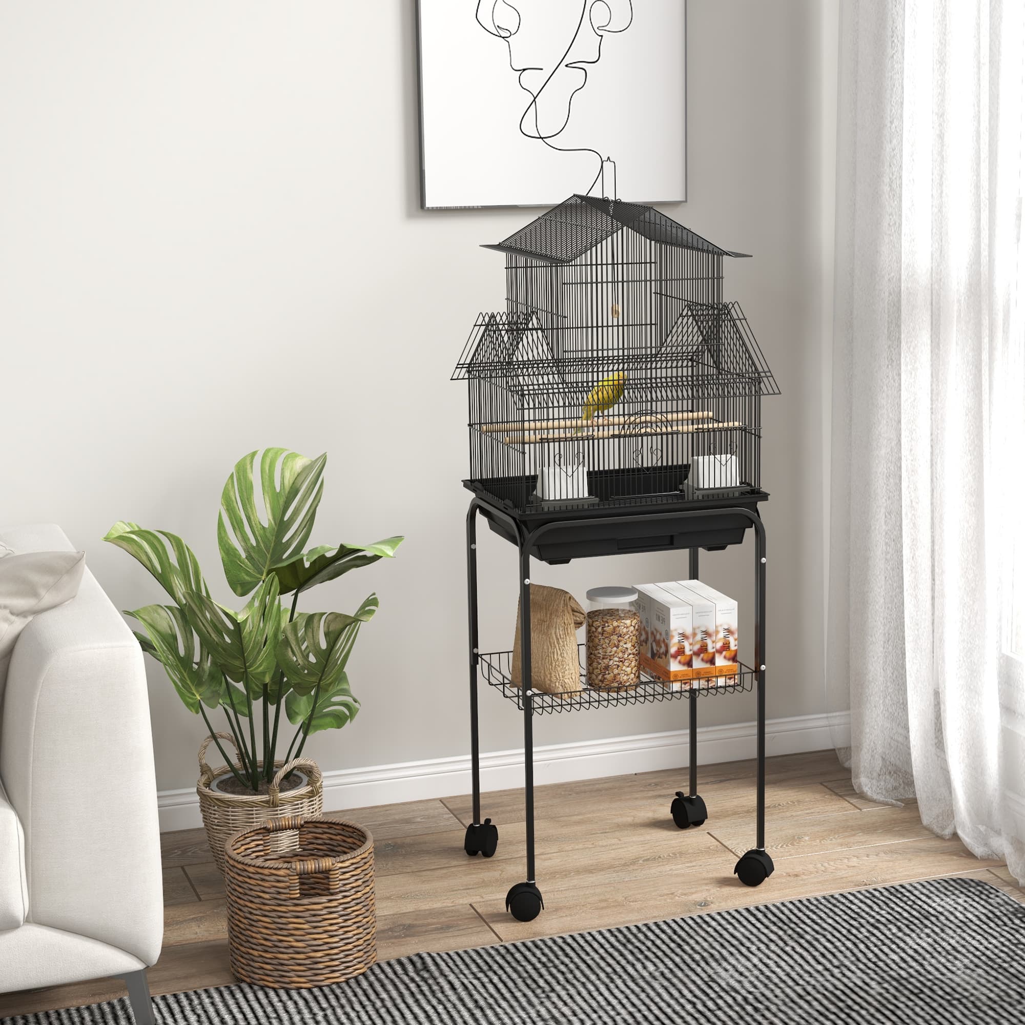 PawHut 48" Bird Cage with Perch, Swing, Food Container, Slide-out Tray, Handle, Parrot Cage for Finches, Canaries, Budgies | Aosom Canada