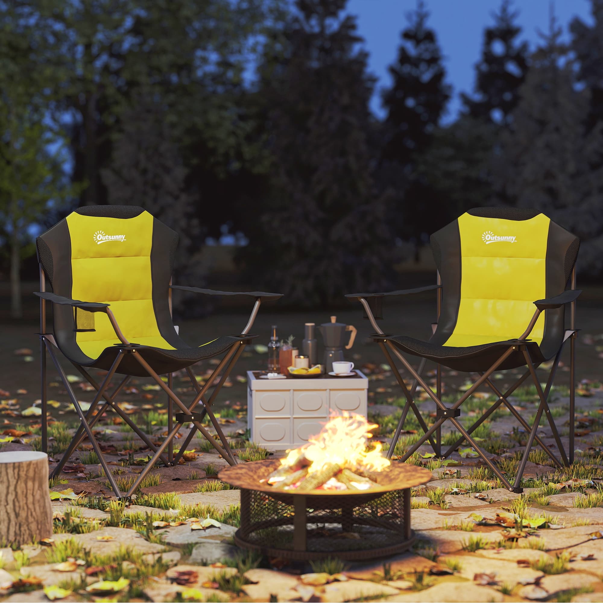 Outsunny 2 Pack Folding Camping Chairs, High Back Folding Chairs w/ Cup Holder, Padded Camping Chairs for Outdoor Events, Yellow | Aosom Canada