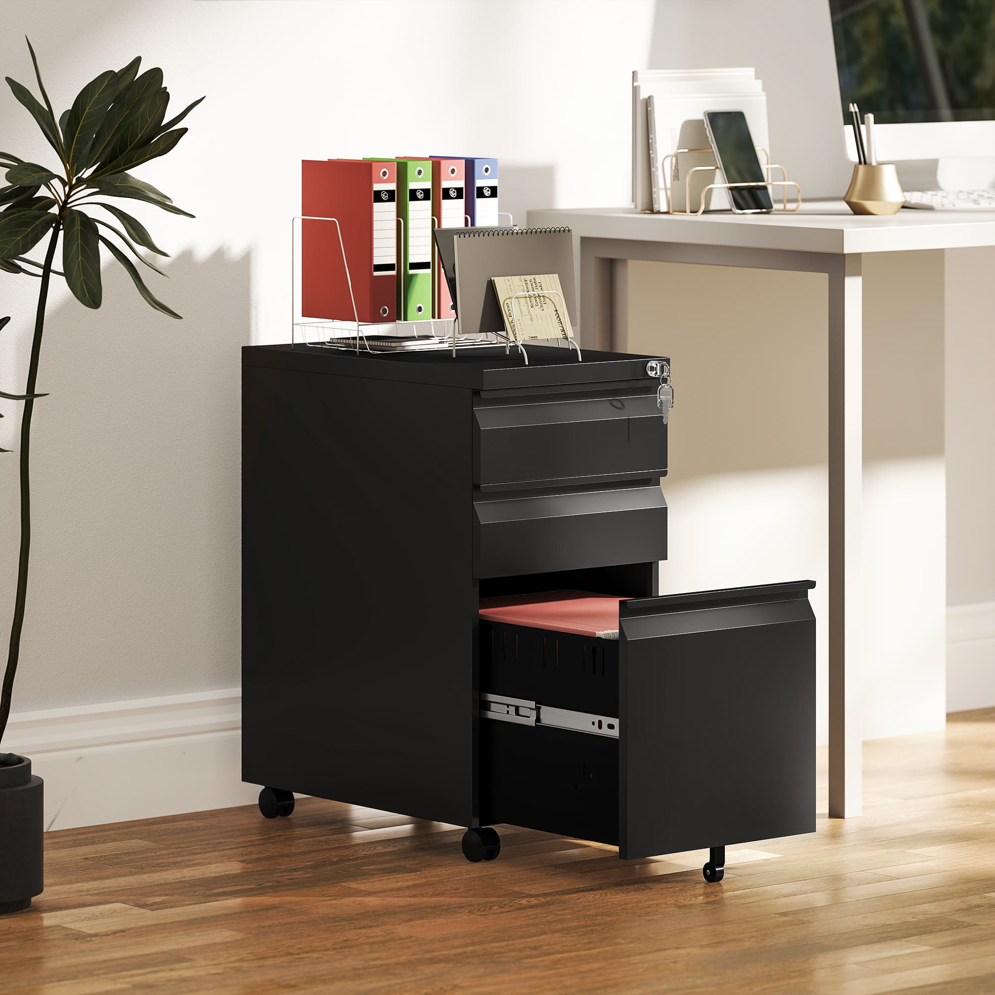 Vinsetto 3 Drawer Filing Cabinet with Lock, Steel Office Storage Cabinet with Hanging Bar for A4, Legal, Letter Files, Black | Aosom Canada