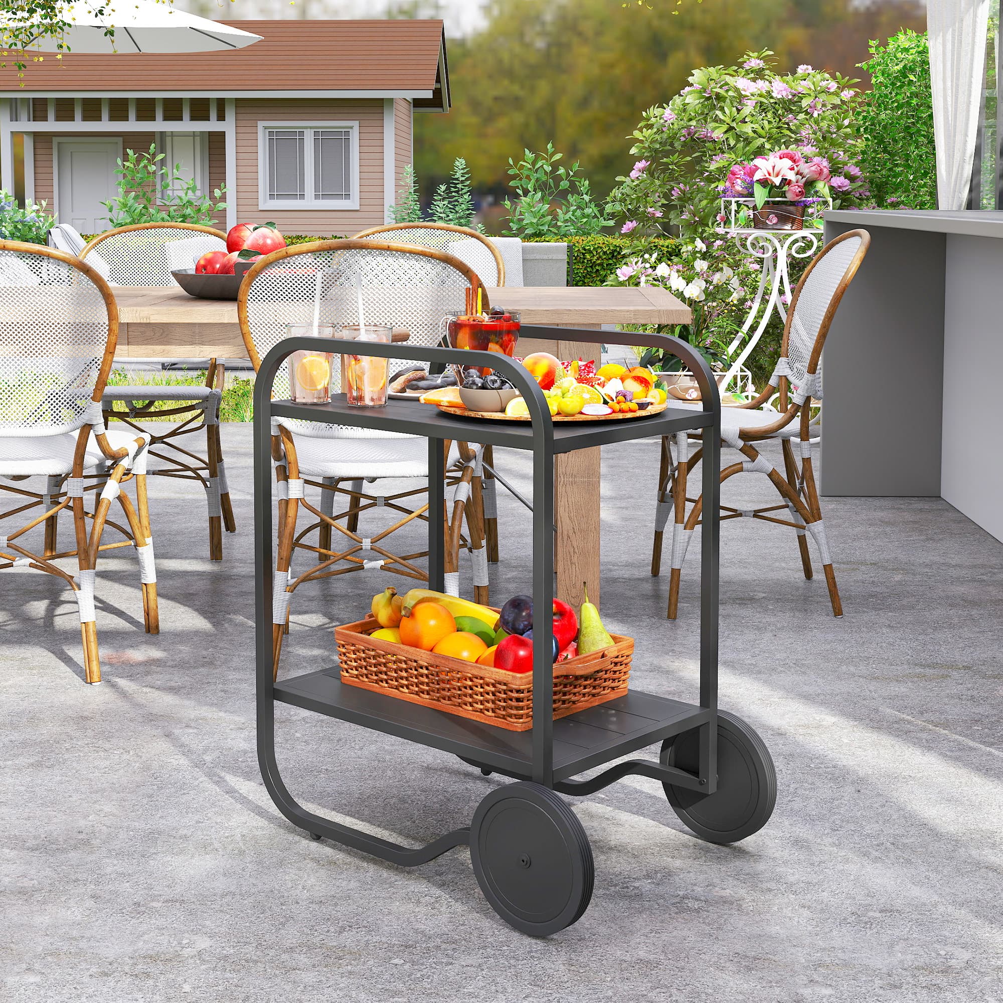 Outsunny Bar Cart with Storage, 2-Tier Rolling Kitchen Cart on Wheels with Side Handle and Steel Frame for Indoor Outdoor, Black | Aosom Canada