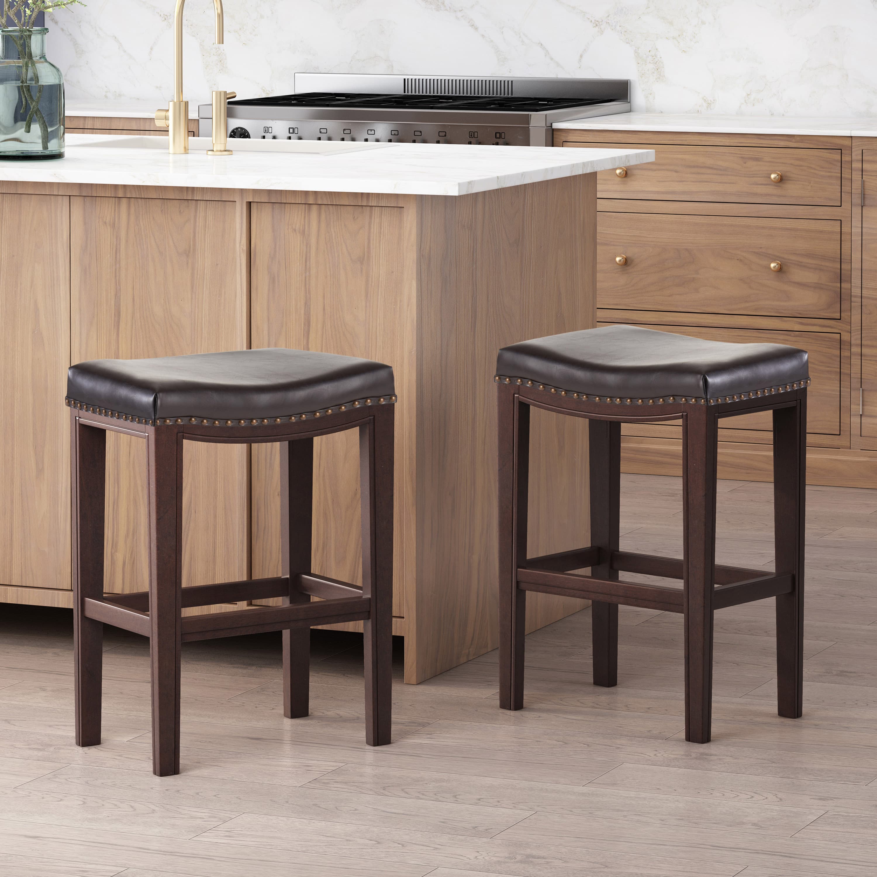 Set of 2 Backless Bar Stool with Rubberwood Saddle Seat, Modern Bar Stools for Domestic Bar Areas, 18.5" L x 12" W x 26" H, Brown | Aosom Canada