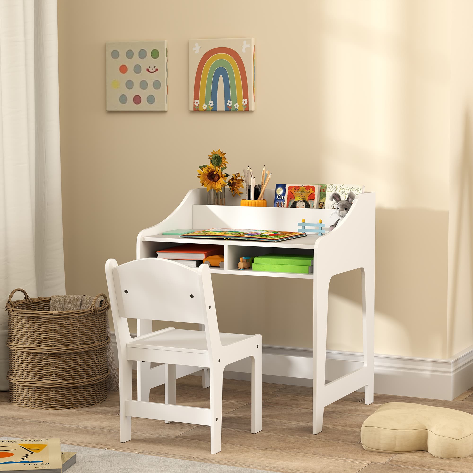 Qaba Kids Desk and Chair Set with Storage, Shelves for Bedroom, 3-8 Years Old, White | Aosom Canada