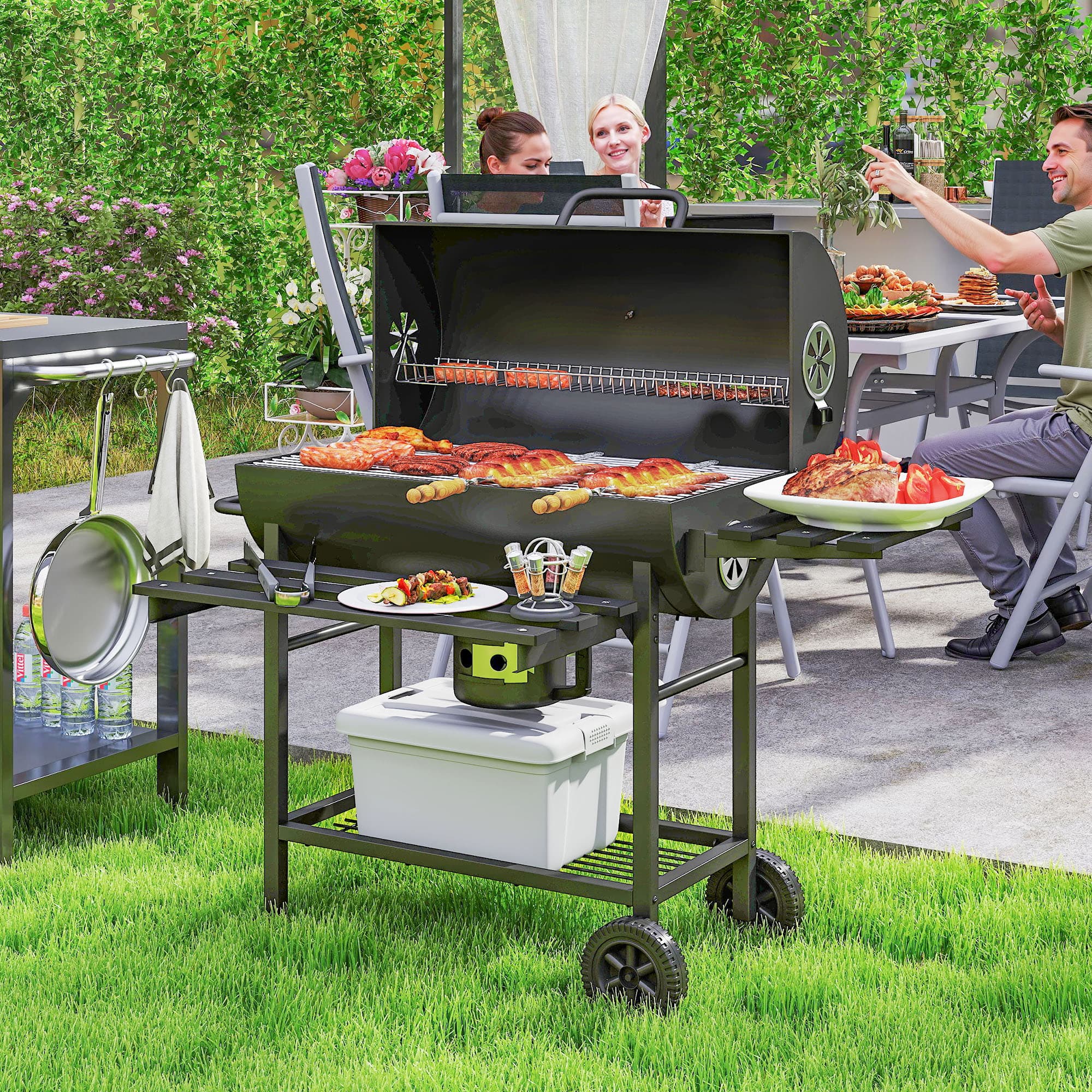 Outsunny 29" Charcoal BBQ Grill Barbecue Grill with Foldable Front Side Table, Spacious Cooking Area, Shelf, Black | Aosom Canada