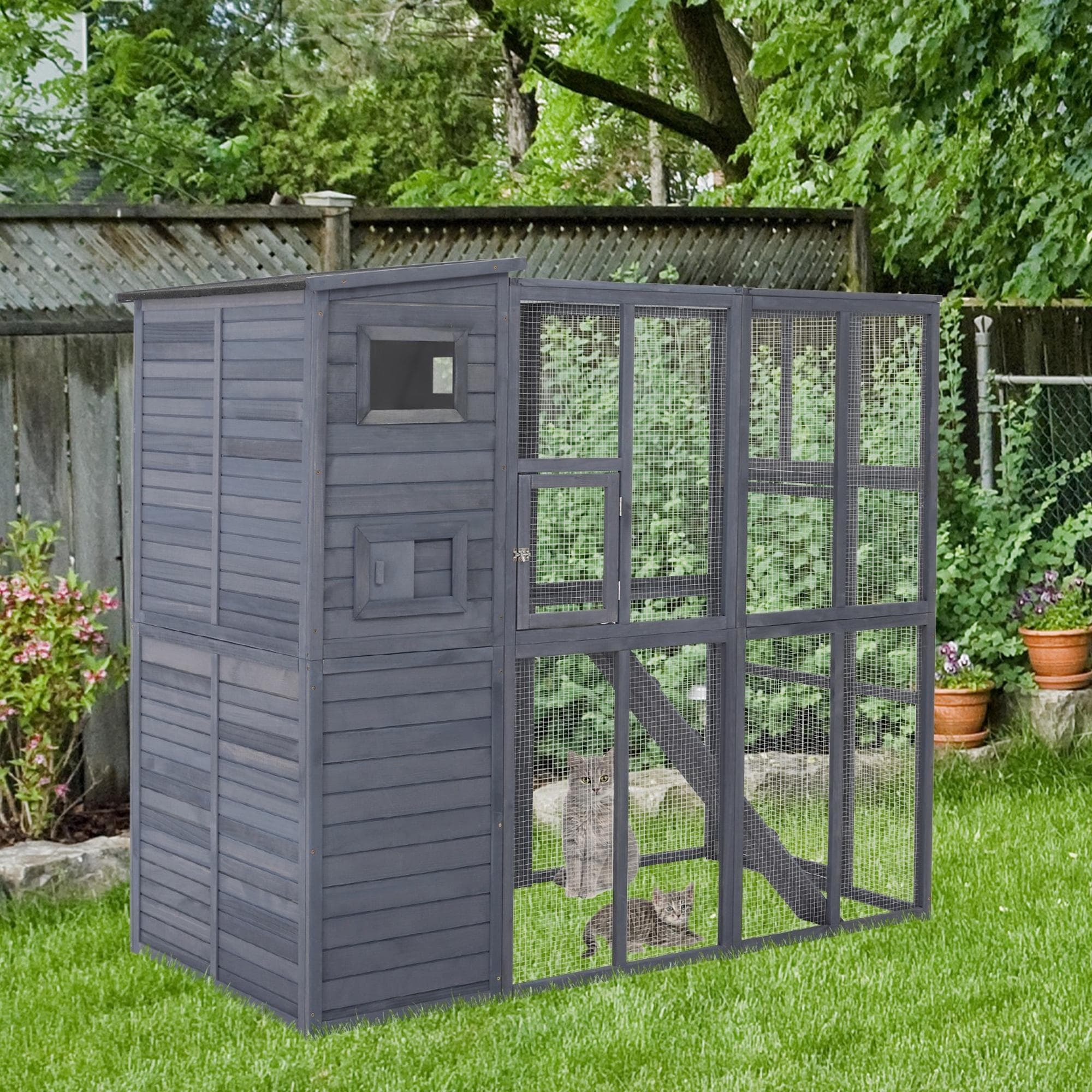 PawHut Outdoor Wooden Catio 4-Tier Main House Ramp Platforms Asphalt Roof Ramps Sliding Door Window Grey | Aosom Canada