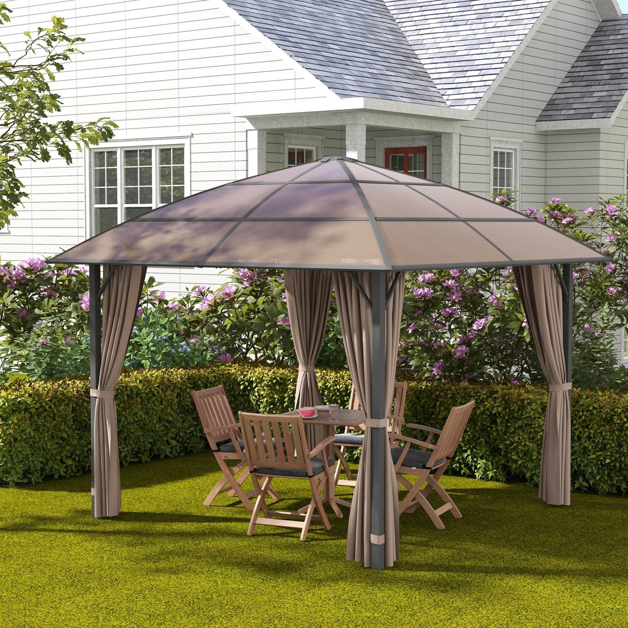 Outsunny 10' x 10' Outdoor Gazebo Canopy UV60+ Polycarbonate Roof Steel Frame Central Hook Curtains Khaki Beige | Aosom Canada