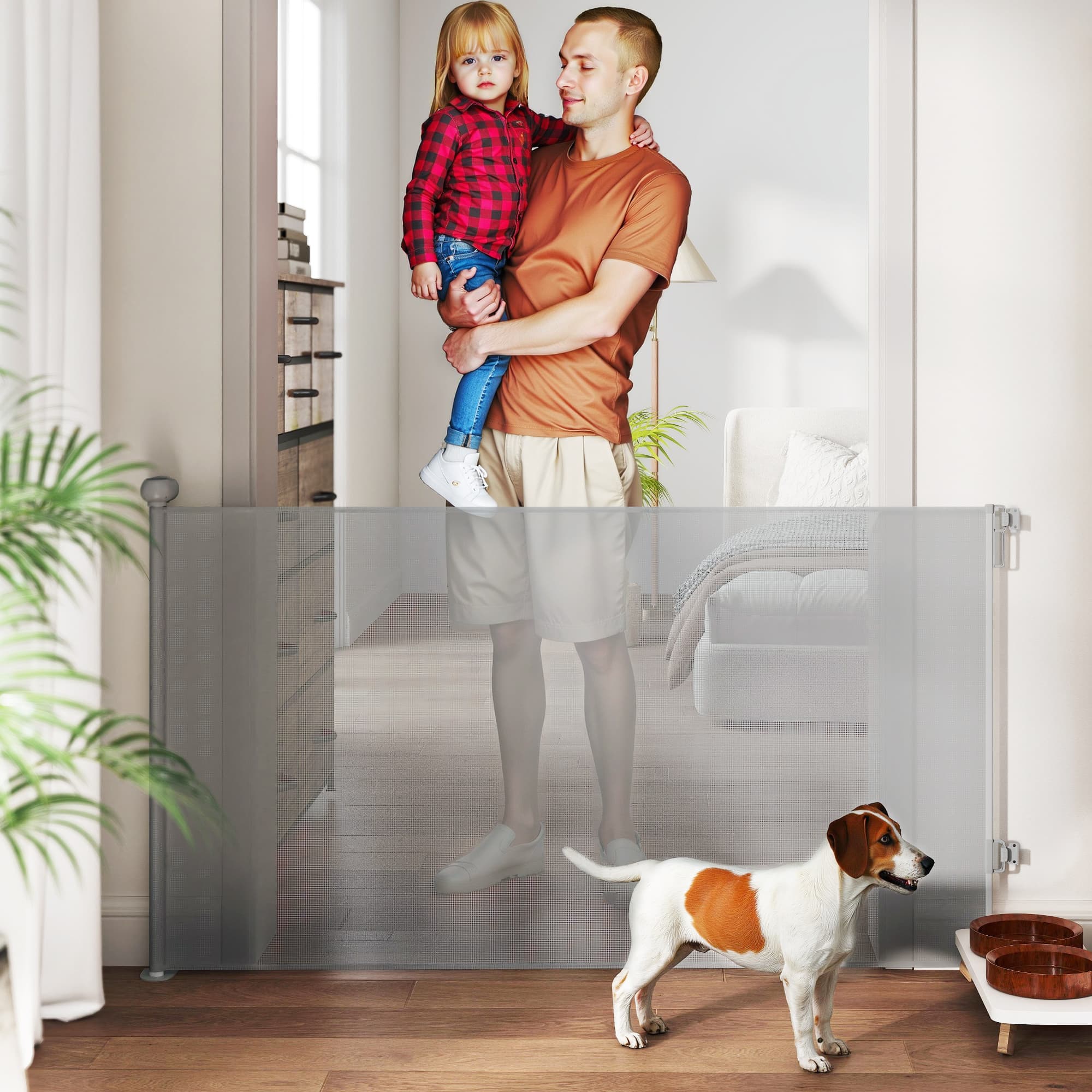 PawHut Retractable Dog Gate Extends Up to 55" Wide, 34" Tall, for Stairs, Doorways, Hallways, Indoor and Outdoor, Grey | Aosom Canada