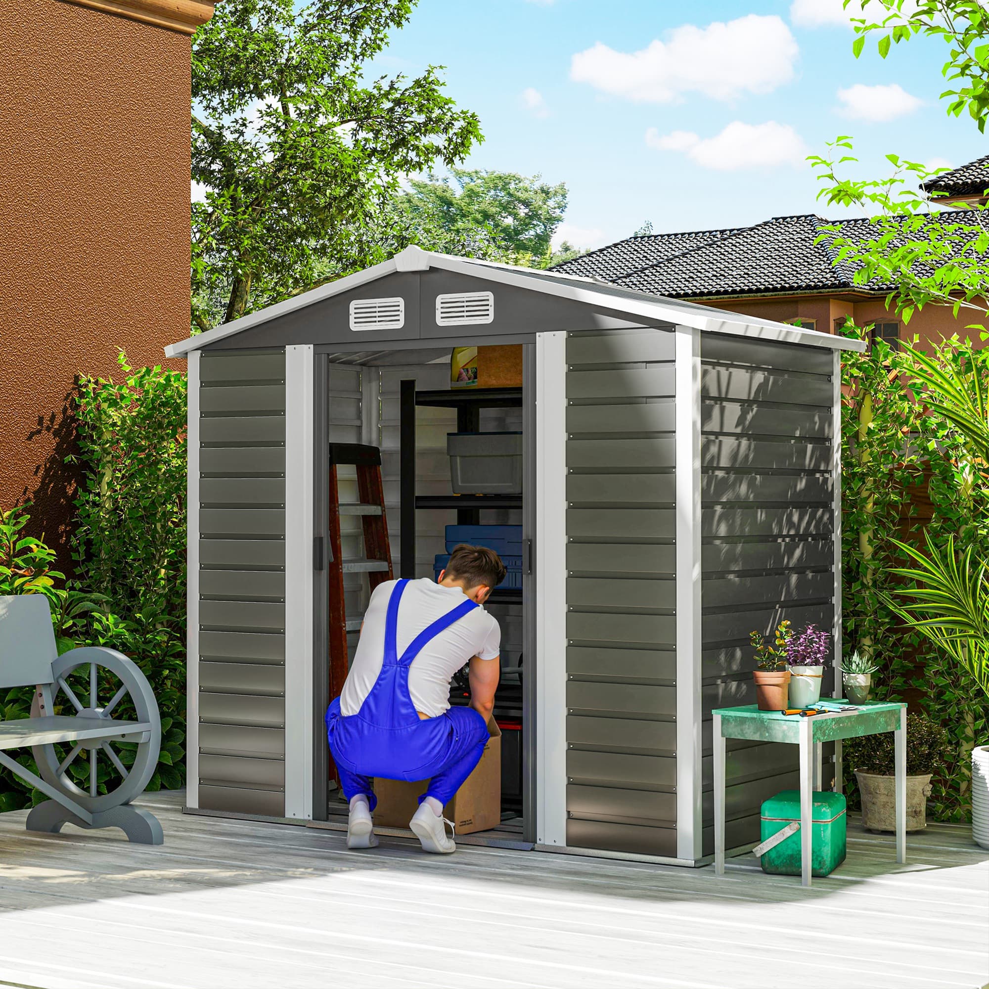 Outsunny 7' x 4' Outdoor Storage Shed, Metal Garden Shed with Lockable Doors and Gloves for Backyard, Garden, Patio, Dark Grey | Aosom Canada