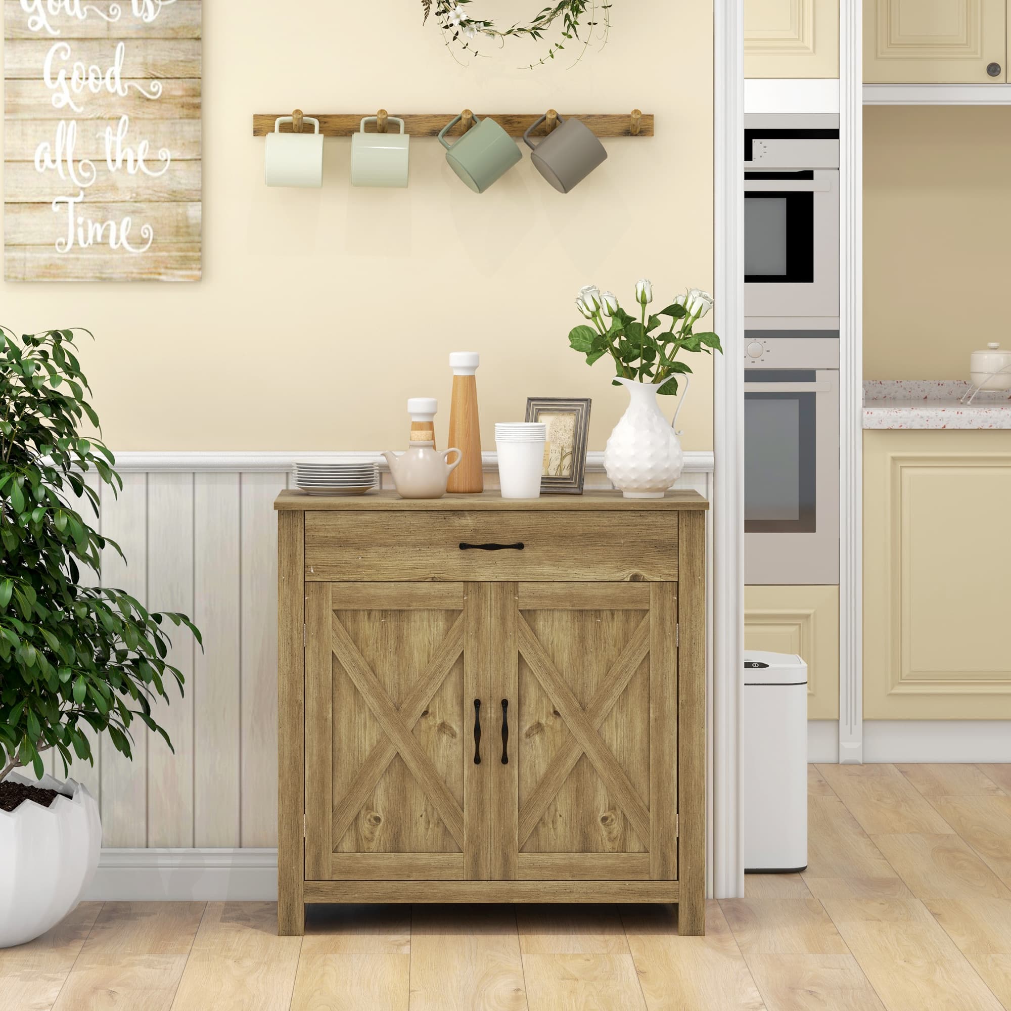 HOMCOM Farmhouse Sideboard Buffet Cabinet, Storage Cabinet with Barn Doors, Nature Wood | Aosom Canada