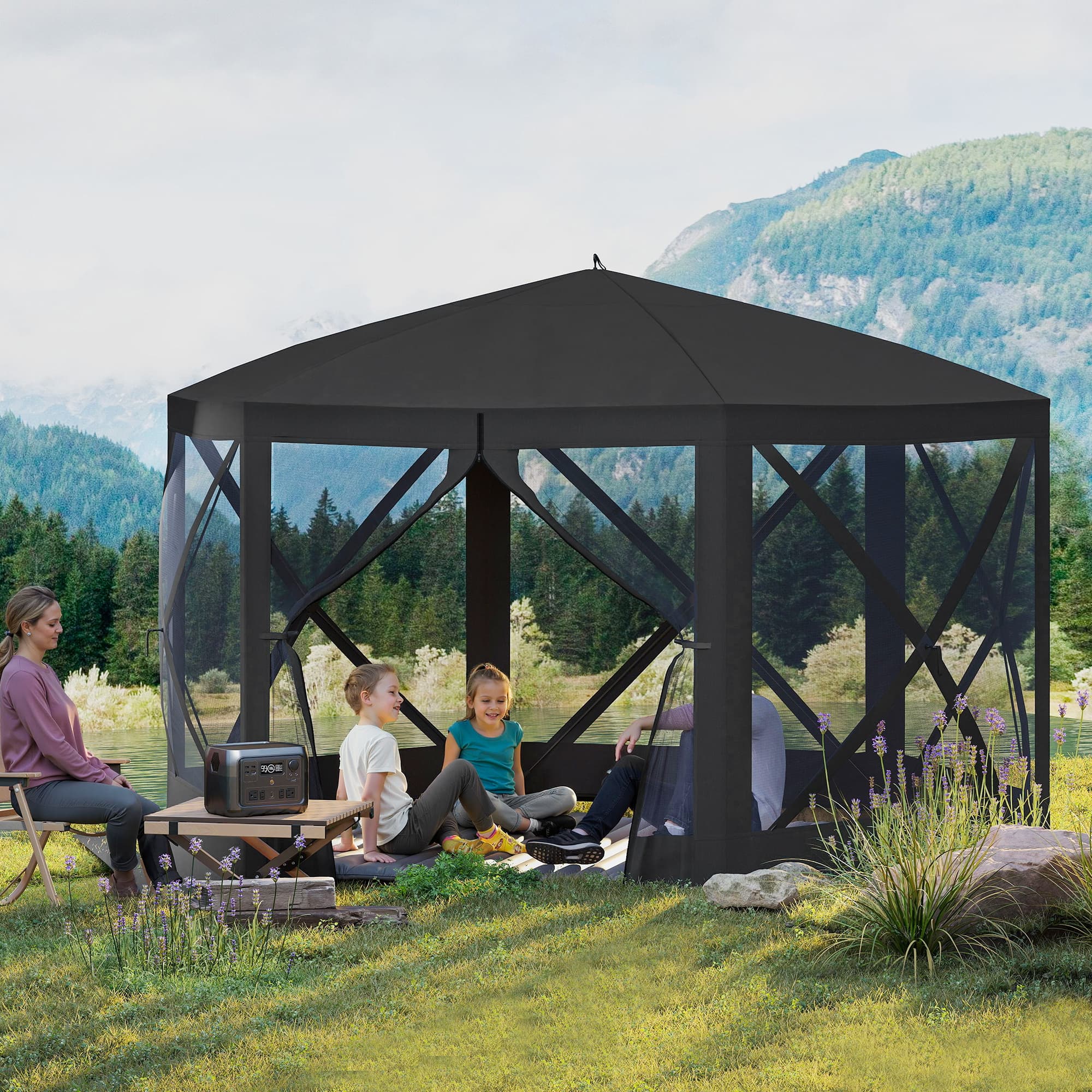 Outsunny 12' x 12' Hexagon Automatic Pop Up Screen Tents, Camping Shelter w/ Mesh Sidewalls and Carry Bag Black | Aosom Canada