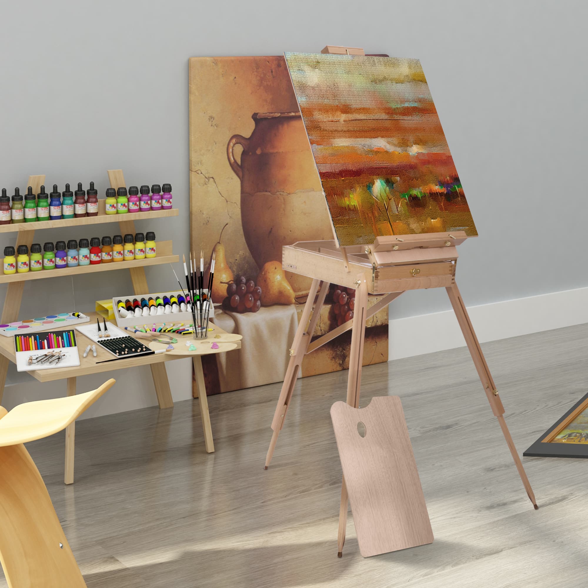 HOMCOM Foldable Art Easel 72.4" Portable Sketch Box French Style Wood Stand Drawer Palette Shoulder Strap Hold Canvas Artist Supplies | Aosom Canada