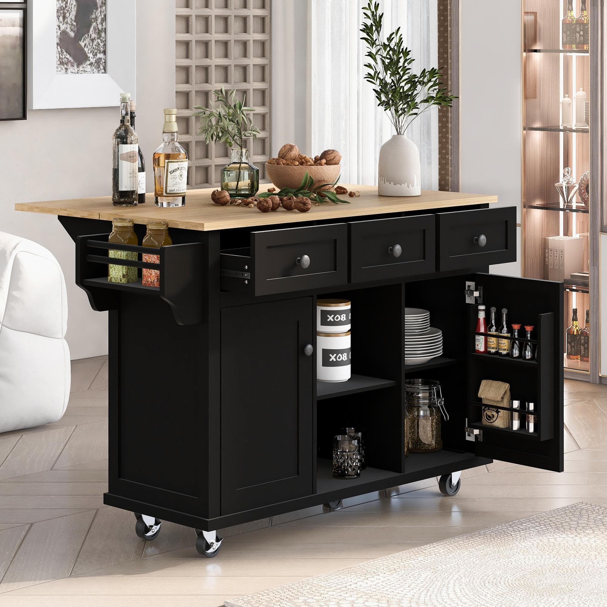 Kitchen Island Moveable with Wood Drop-Leaf Countertop Rolling Cart for Dining Room, Kitchen 53" L x 29.5" W x 37" H, Black| Aosom Canada