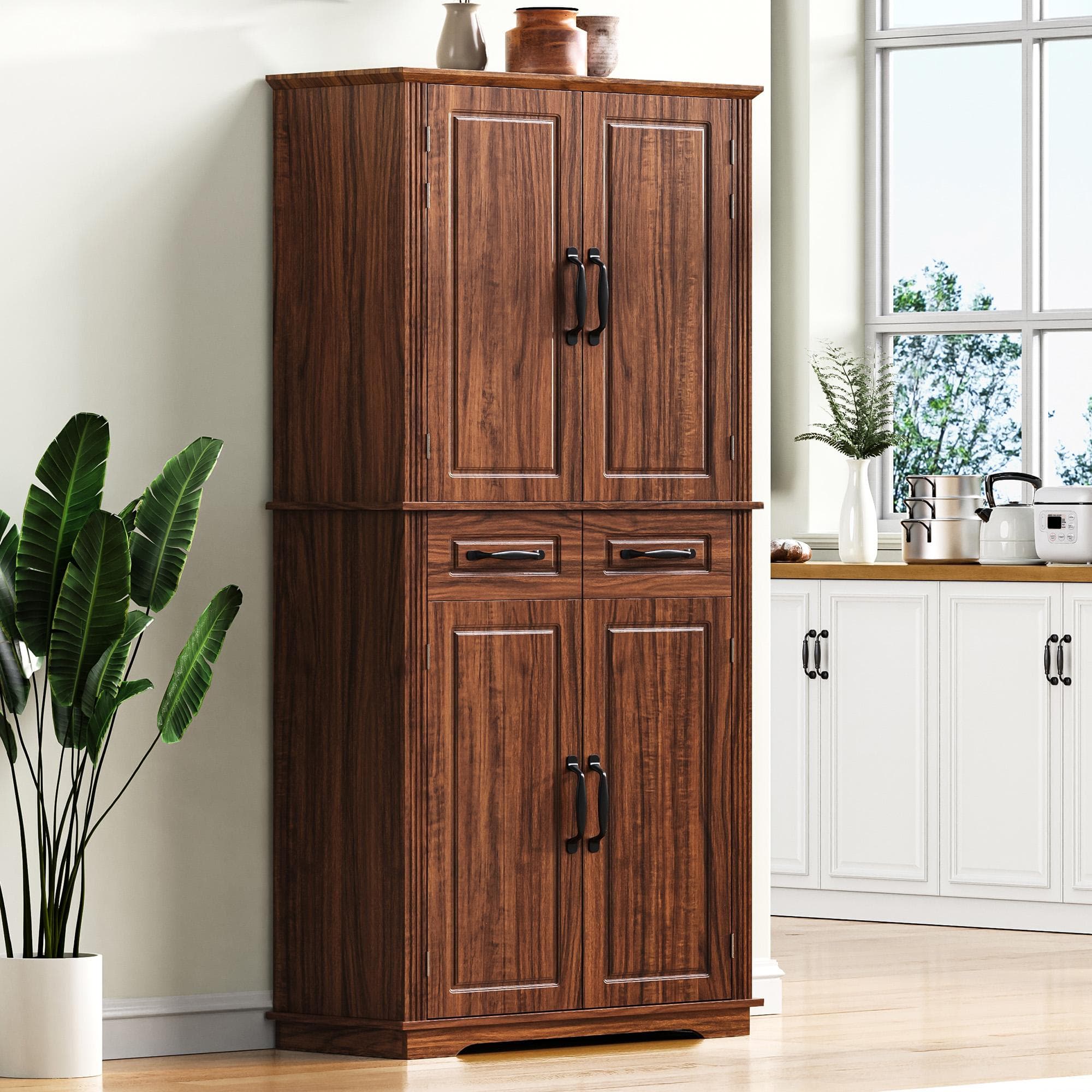Farmhouse Cabinets in Pantry with 6 Adjustable Shelves, 2 Drawers, Eco-Friendly Kitchen Pantries, 31.5" L x 16" W x 72" H, Brown| Aosom Canada