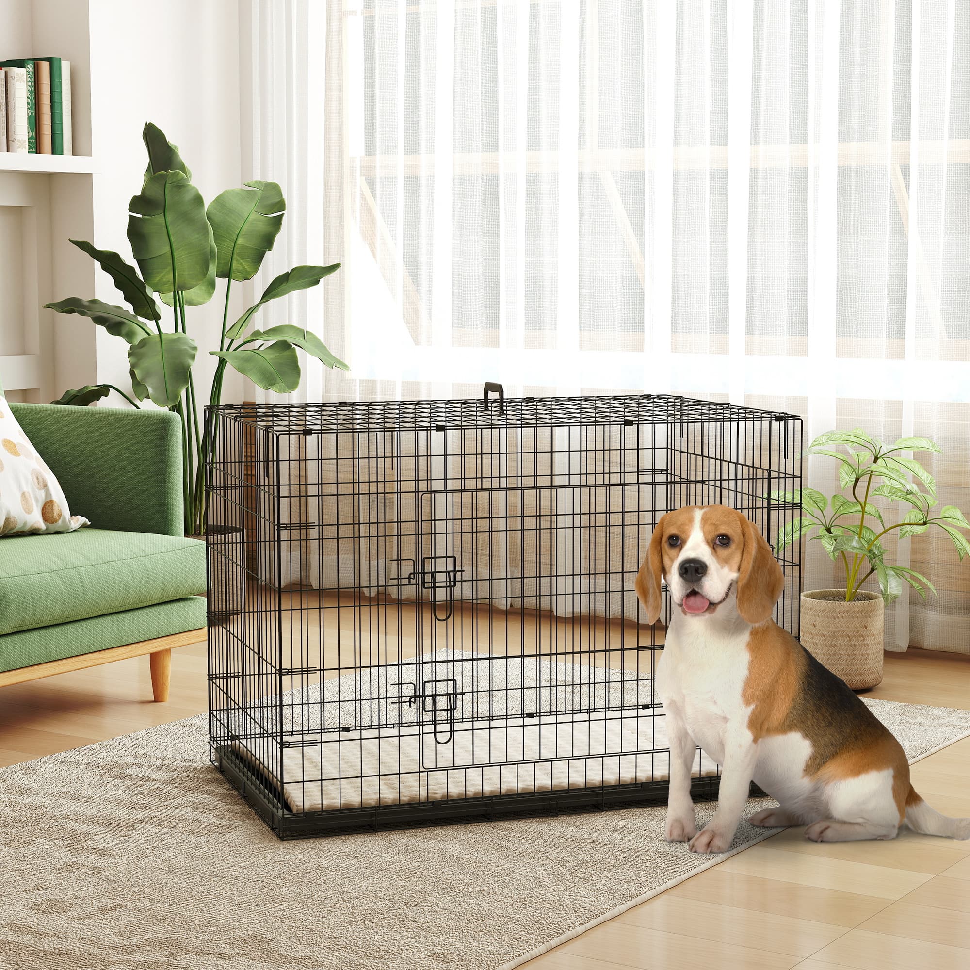 PawHut 41" Dog Crate with 2 Doors, Folding Metal Dog Cage with Soft Cushion, Removable Tray, Handle, for Small Dogs, Black | Aosom Canada