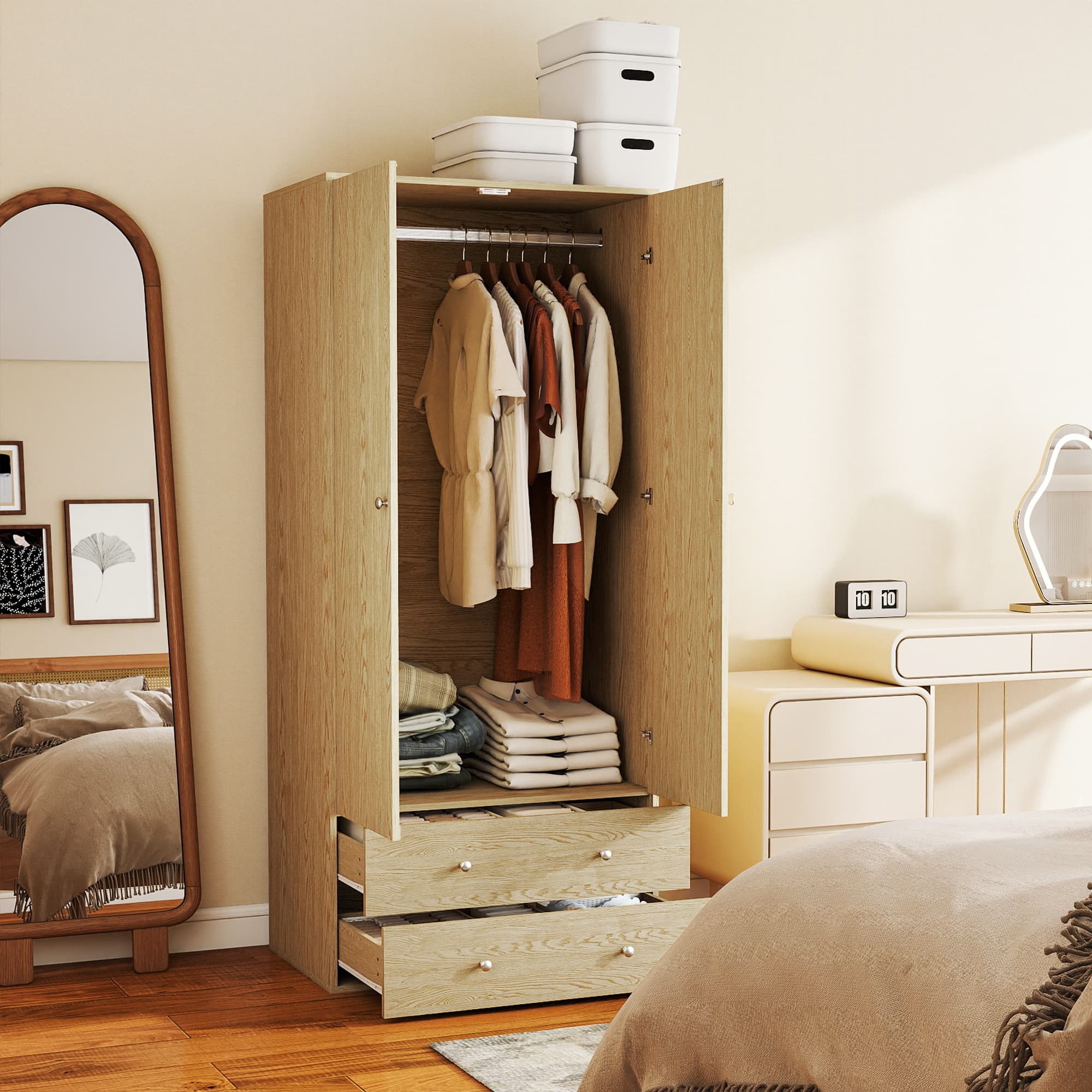 HOMCOM Modern Wardrobe Closet Armoire with 2 Drawers and Hanging Rod, Clothes Storage Organizer for Bedroom, Natural Wood | Aosom Canada