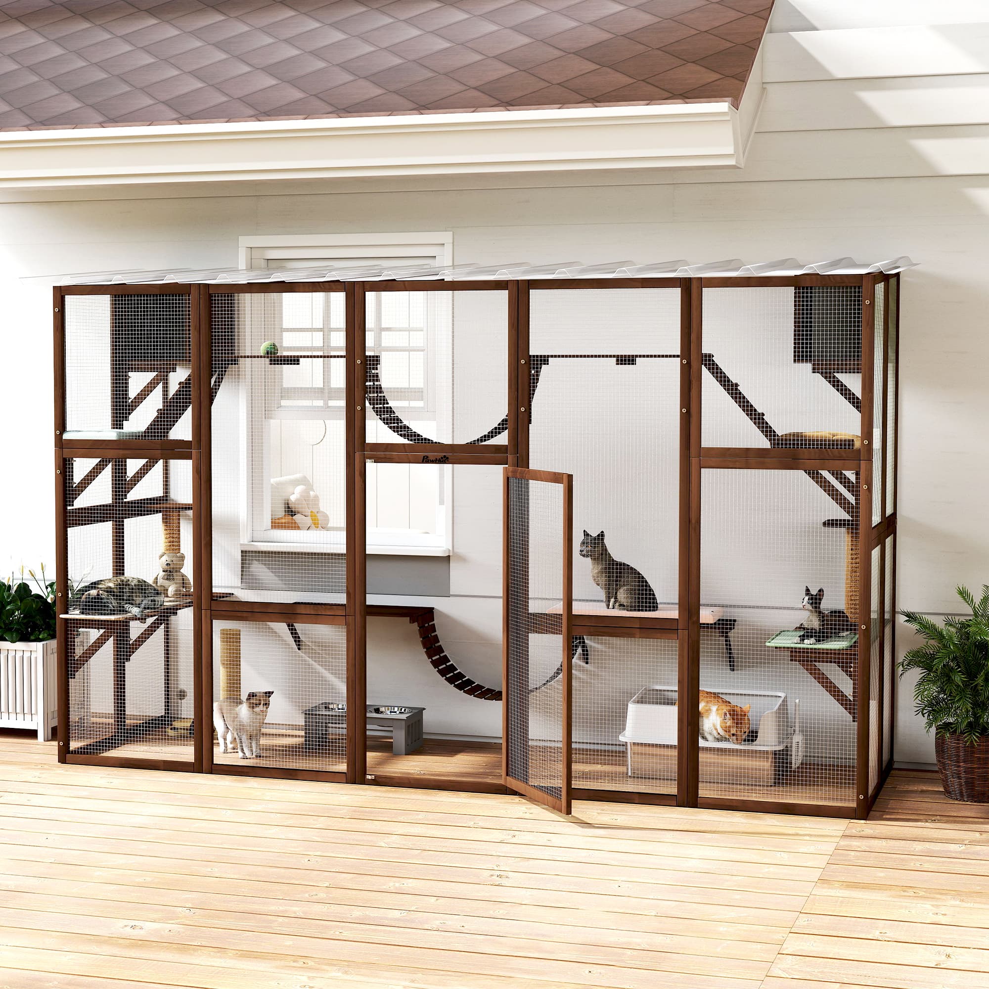 PawHut Large Outdoor Catio with Condos, Platforms, Doors, Ladders, Weather-Resistant Roof, Espresso | Aosom Canada