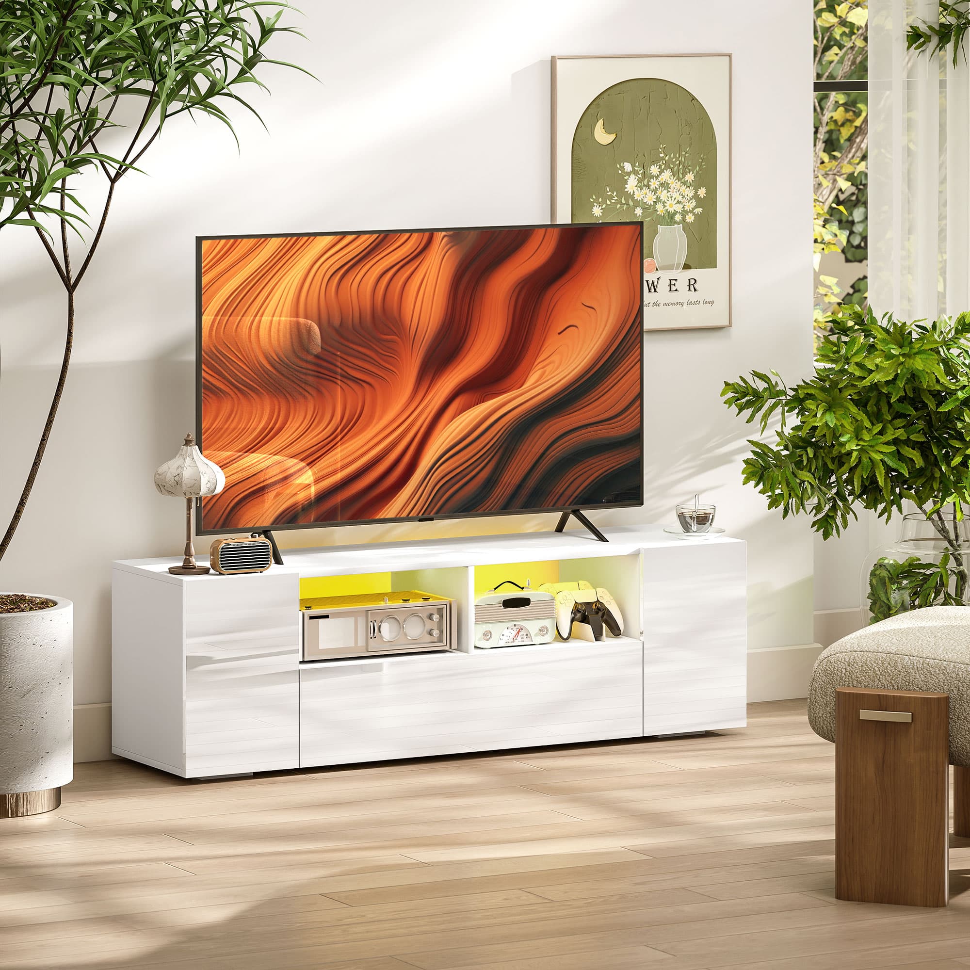 HOMCOM TV Unit: For 60" TVs, LED Lights, Storage, Modern White, Spacious Living Room Decor | Aosom Canada