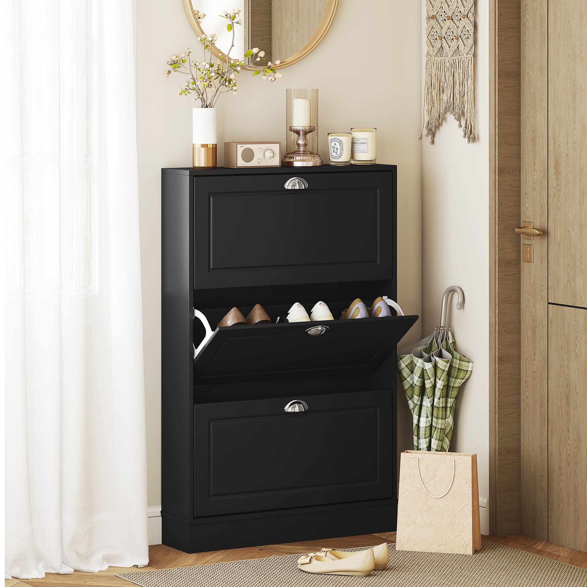 HOMCOM Shoe Cabinet with 3 Flip Drawers, Narrow Shoe Storage Cabinet, Holds 12 Pairs for Entryway, Hallway, Black | Aosom Canada