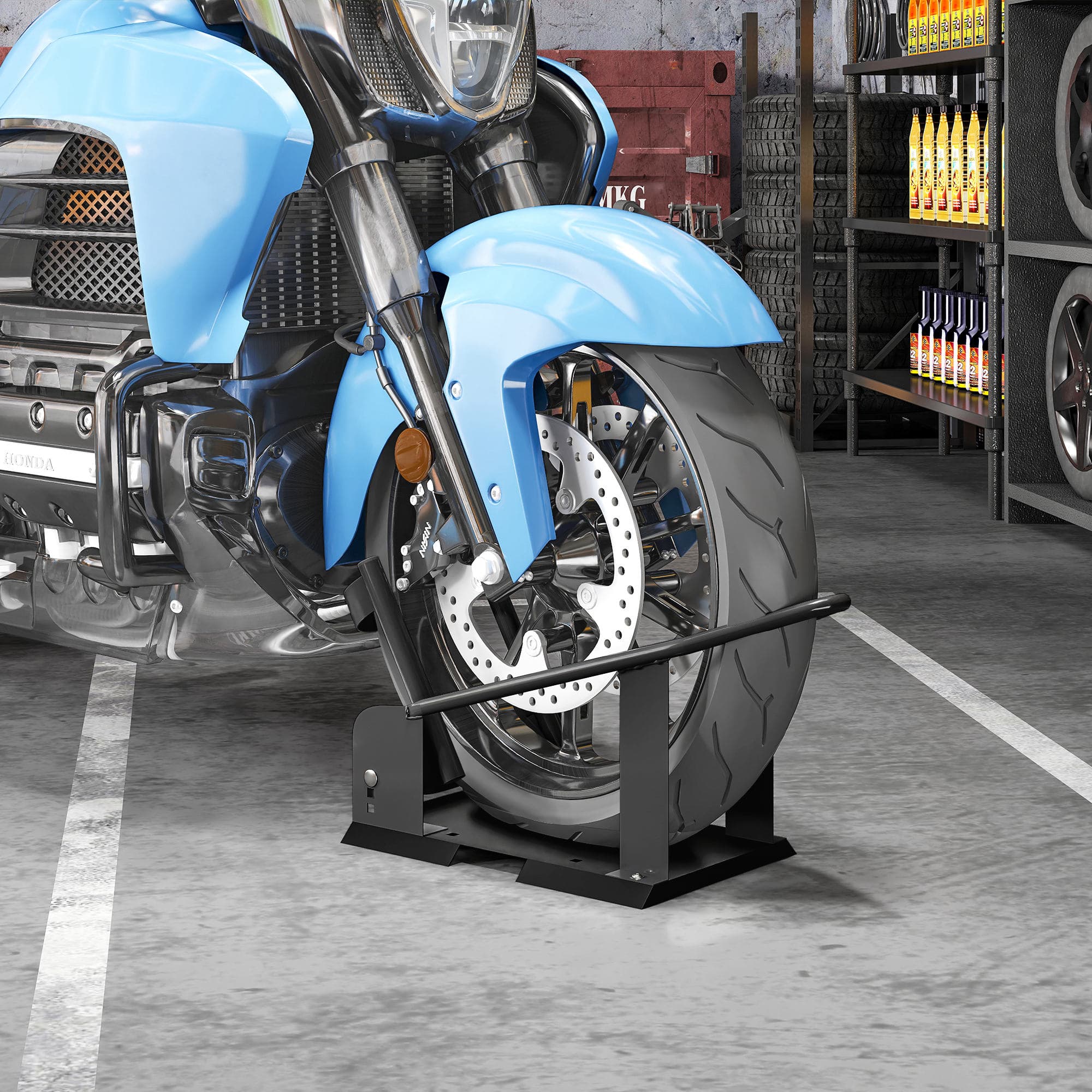 HOMCOM Motorcycle Wheel Chock, 1800 lbs Capacity Heavy Duty Steel Motorcycle Front Wheel Stand for 15"-21" Wheels, Black | Aosom Canada