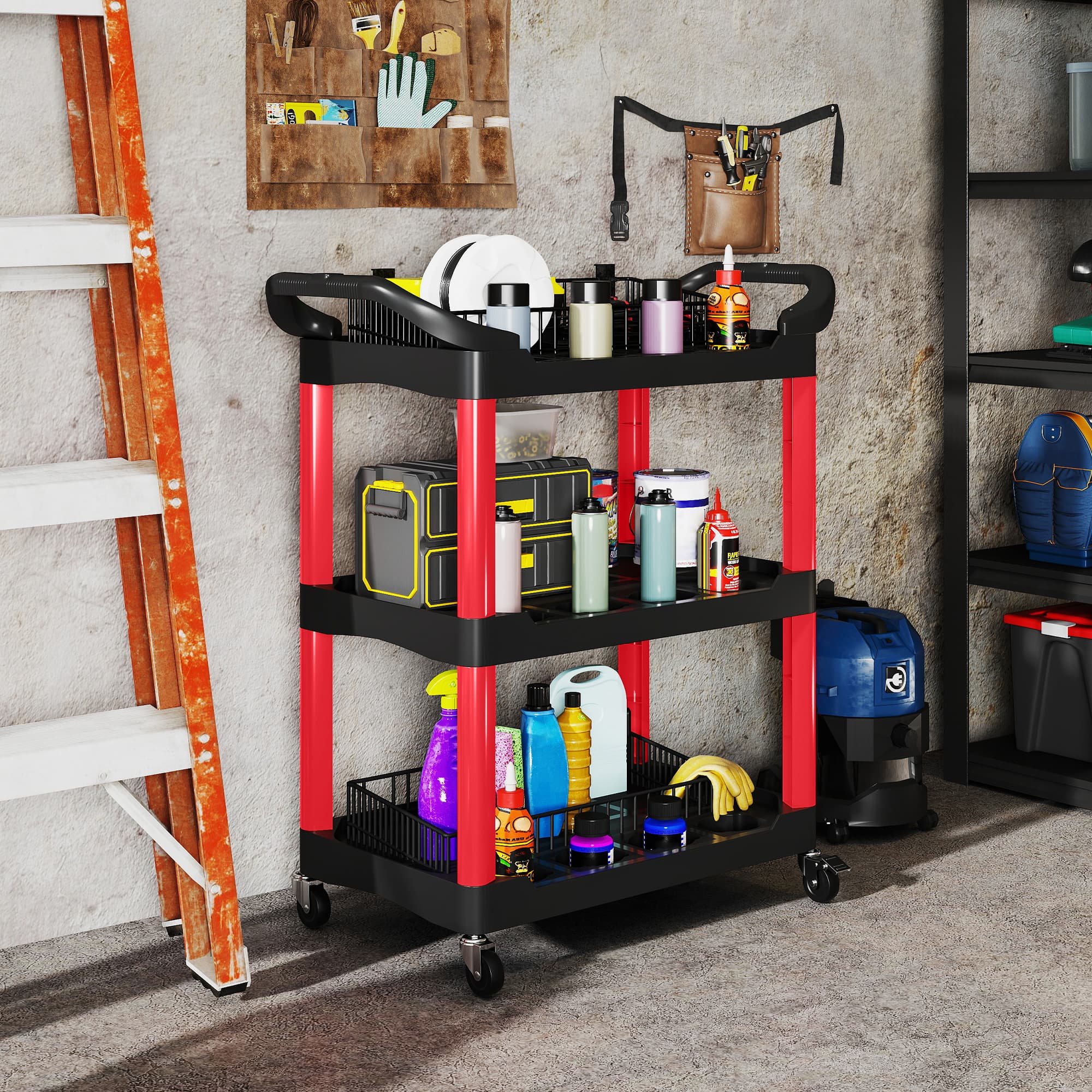 HOMCOM 3-Tier Rolling Tool Cart with Wheels, 200 LBS Capacity Plastic Utility Cart for Garage, Warehouse, Workshop, Black & Red | Aosom Canada