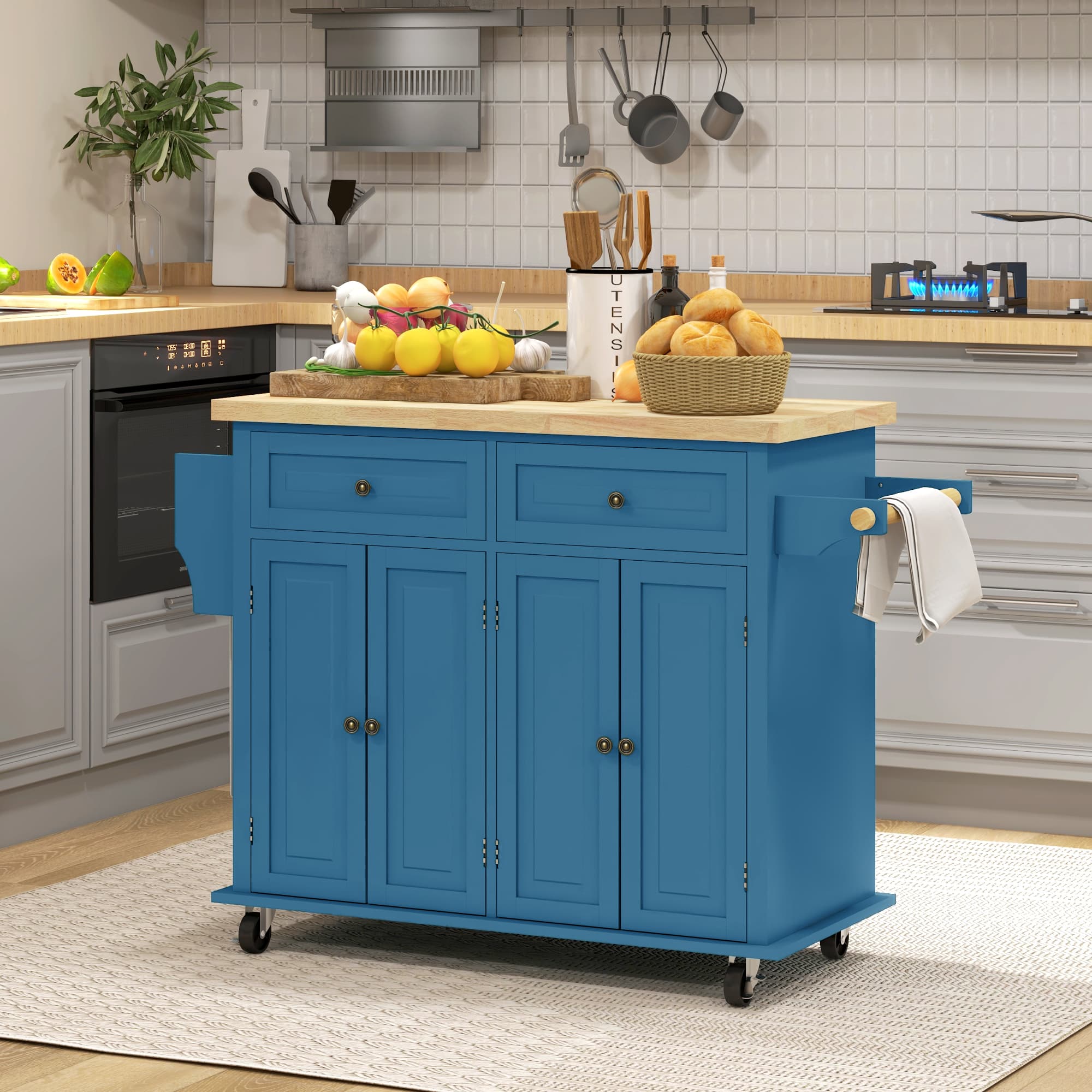 HOMCOM Kitchen Island with Storage, Rolling Trolley Cart with Rubber Wood Top, Spice Rack, Towel Rack, Blue | Aosom Canada