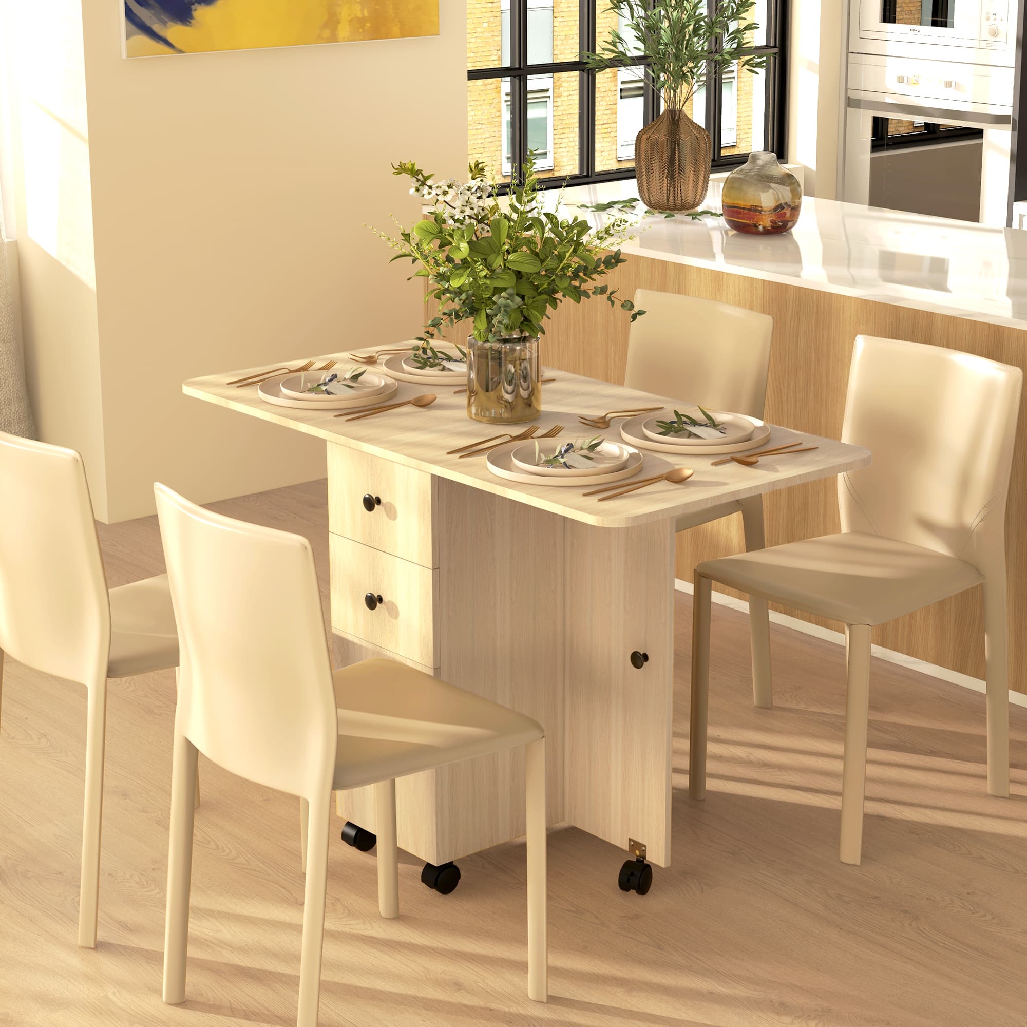 HOMCOM Drop Leaf Dining Table, Mobile Folding Table on Wheels with Drawers and Cabinet for Dining Room, Kitchen, Natural Wood | Aosom Canada