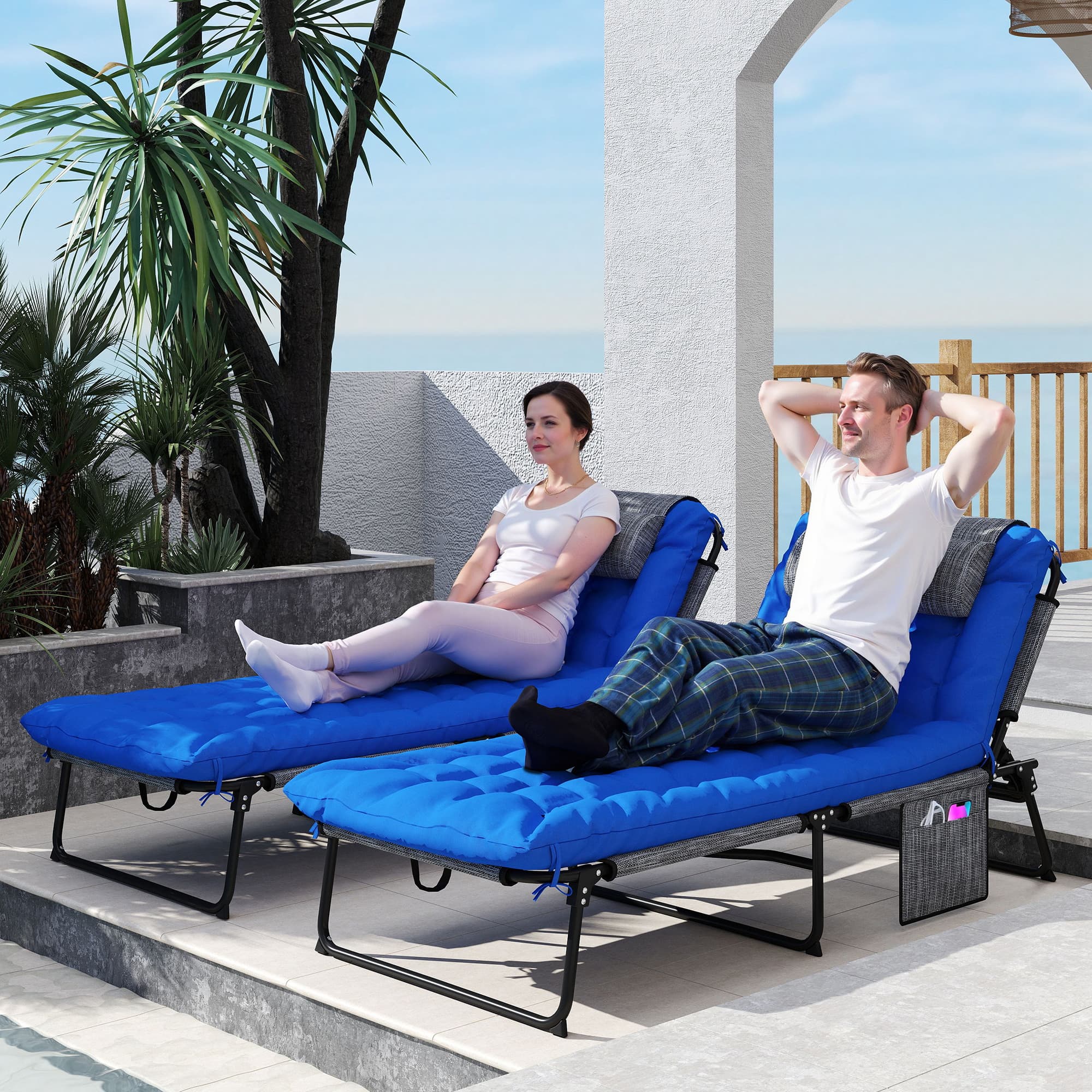 Outsunny 2 Pieces Folding Lounge Chairs with 4-level Reclining Back, Tanning Chair with Cushion, Sun Lounger with Breathable Mesh Fabric | Aosom Canad
