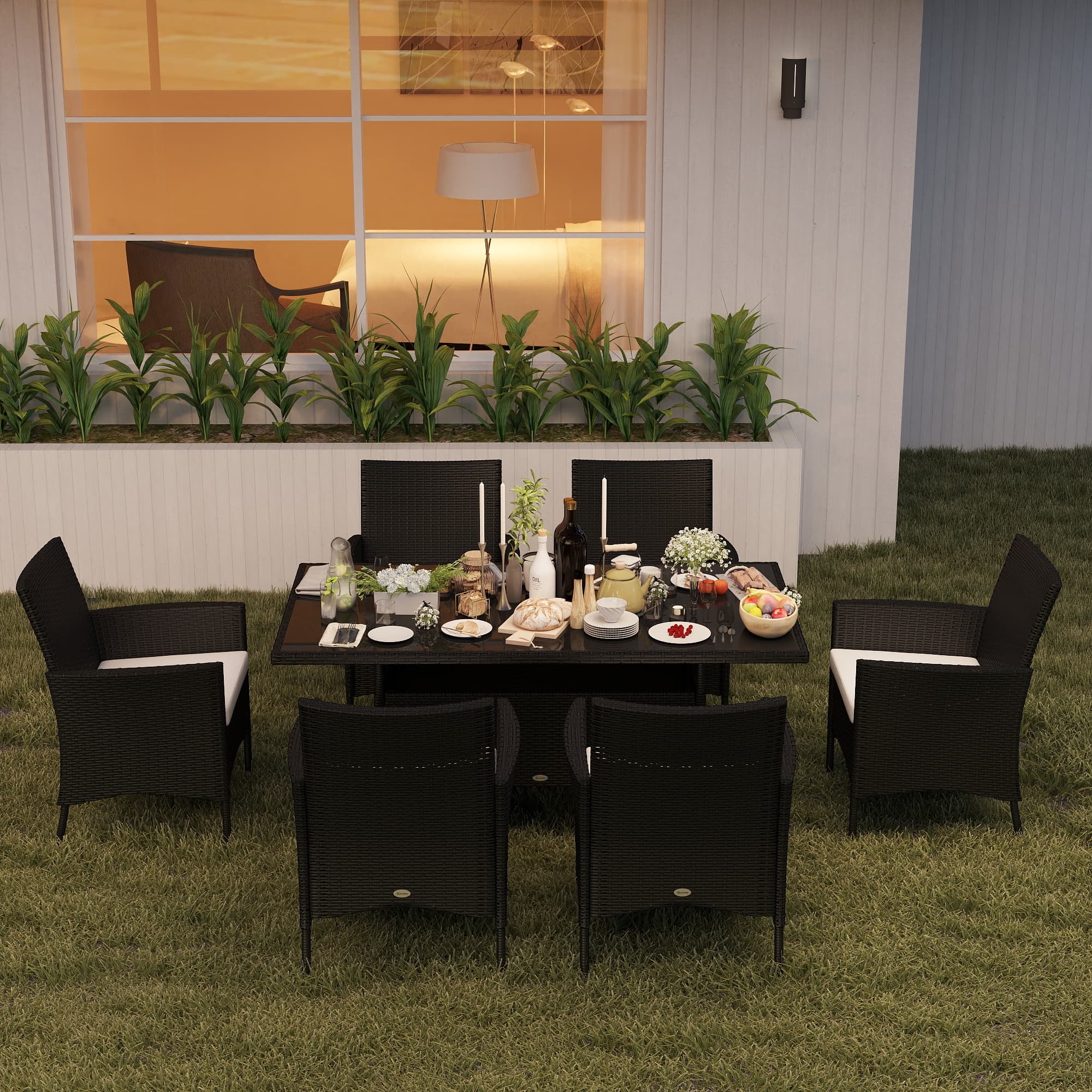 Outsunny Outdoor Dining Set 7-Piece Patio Furniture for 6 with Comfortable Cushions Weather-Resistant Black | Aosom Canada