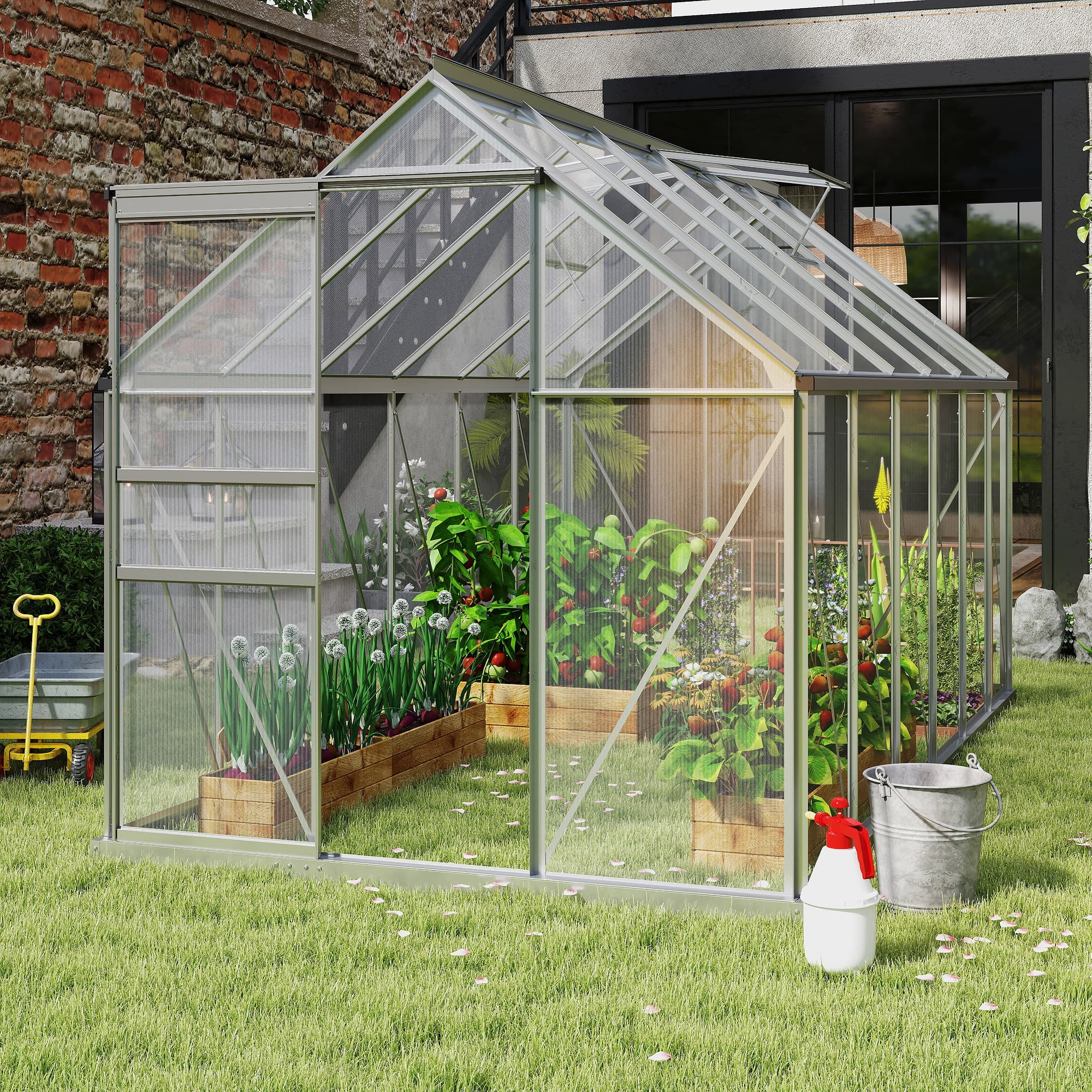 Outsunny 12' x 6' Aluminum Polycarbonate Walk-in Garden Greenhouse Kit Adjustable Roof Vent Silver | Aosom Canada