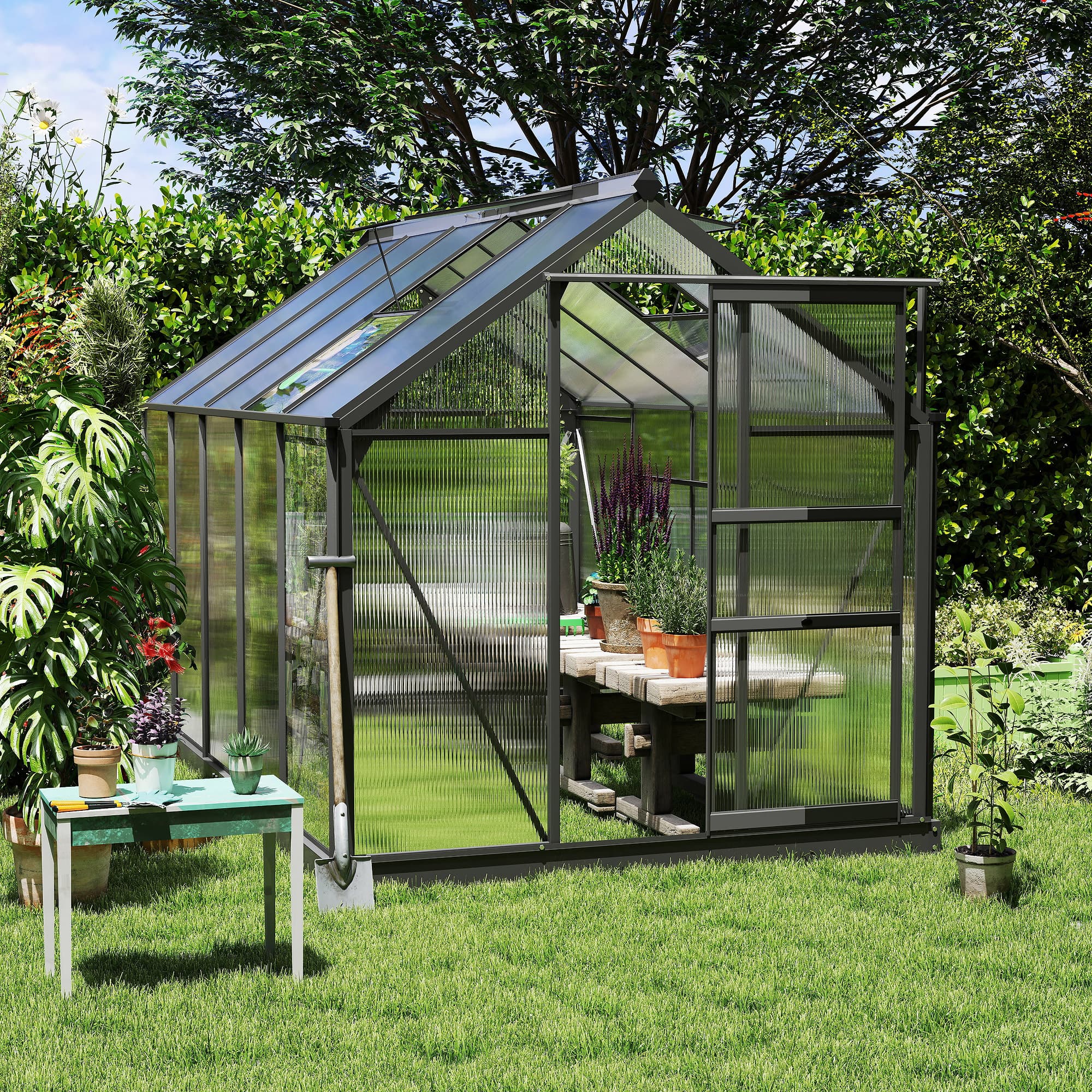 Outsunny 6' x 10' x 6.6' Polycarbonate Greenhouse, Walk-In Green House Kit Garden, Galvanized Sheet Aluminum Frame with Rain Gutter | Aosom Canada