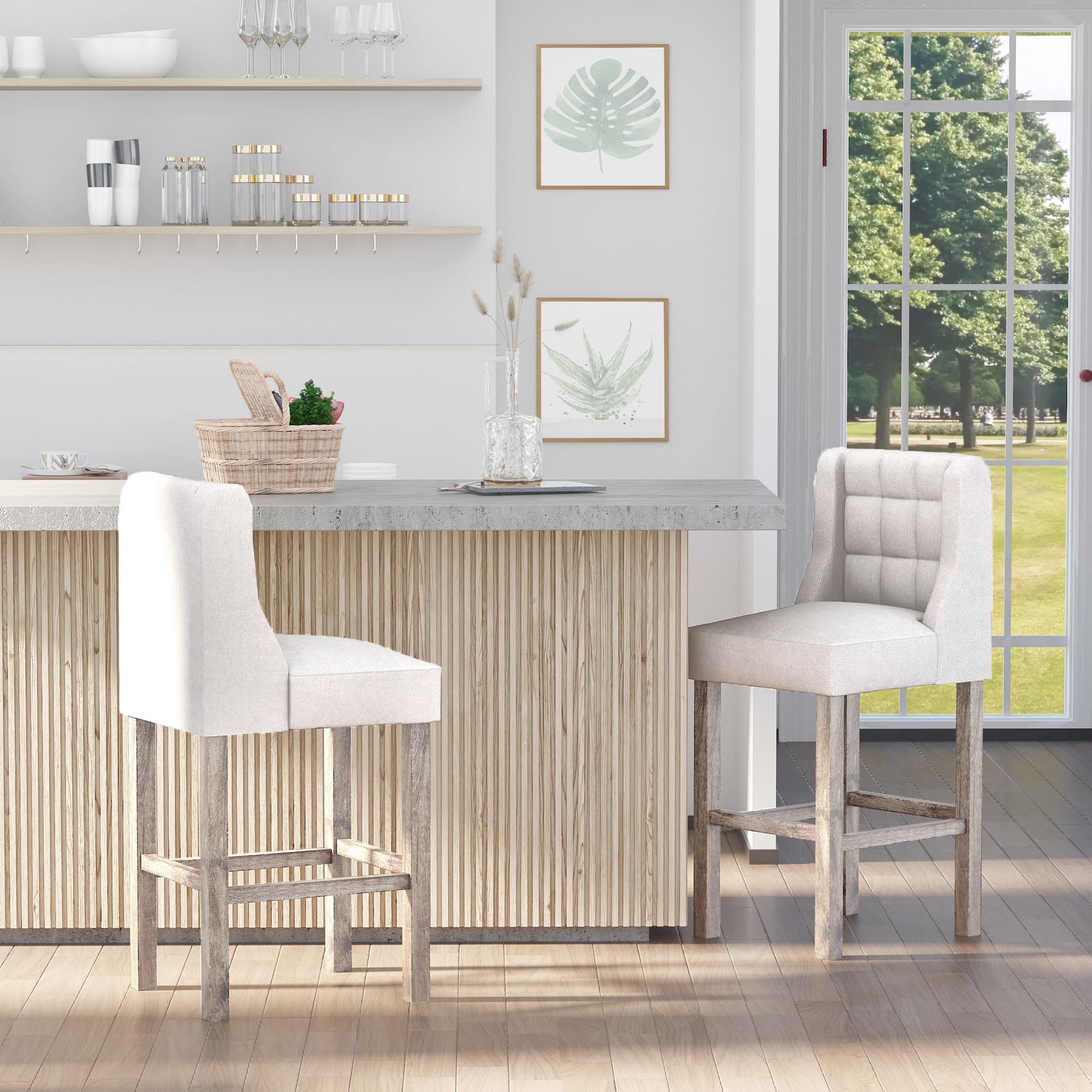 HOMCOM Elegant Counter Height Bar Stools Set of 2 Tufted Upholstery Kitchen Chairs Beige | Aosom Canada