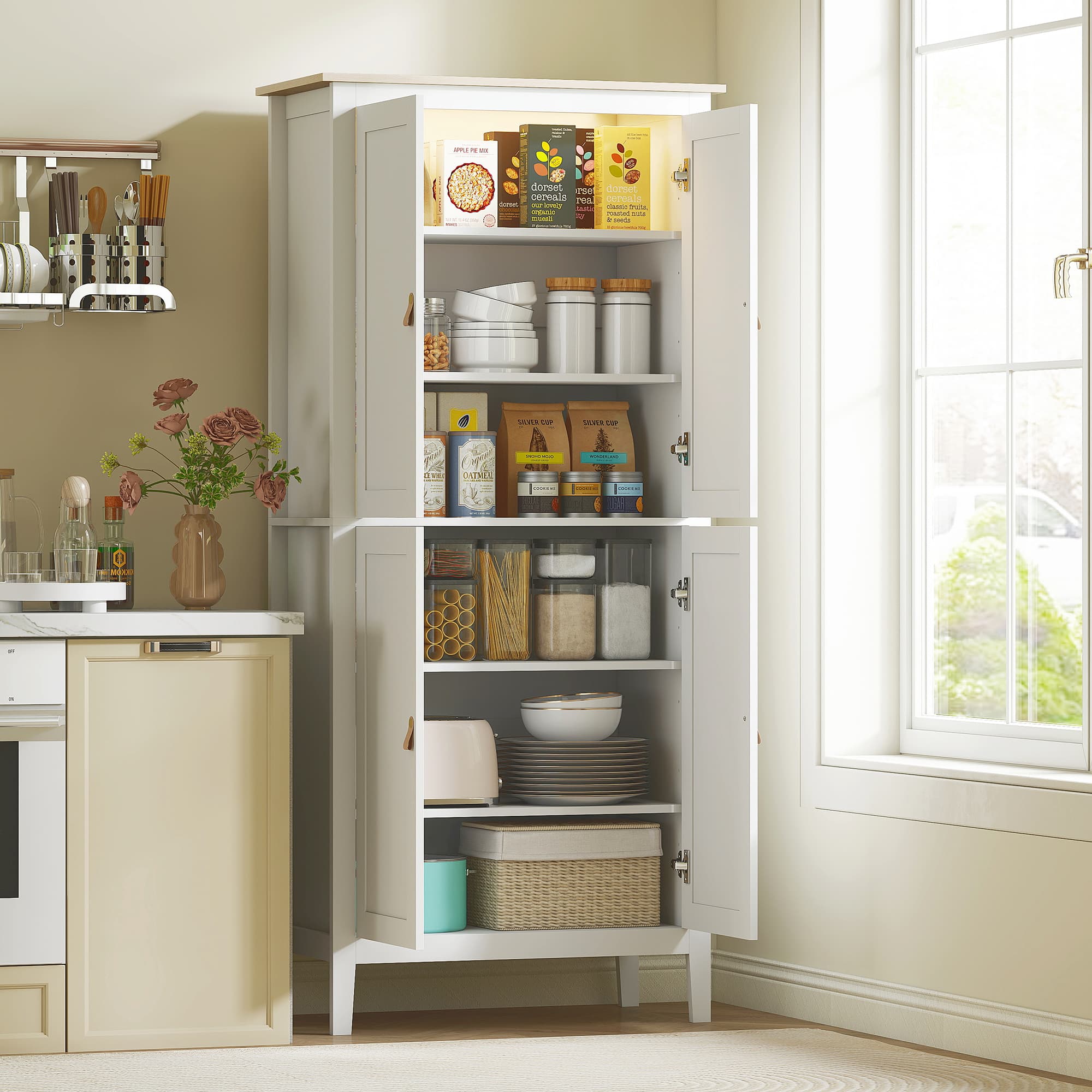 HOMCOM 69.5" Tall Kitchen Pantry Storage Cabinet with Motion Sensor LED Light, Modern Kitchen Pantry Cabinet, White | Aosom Canada