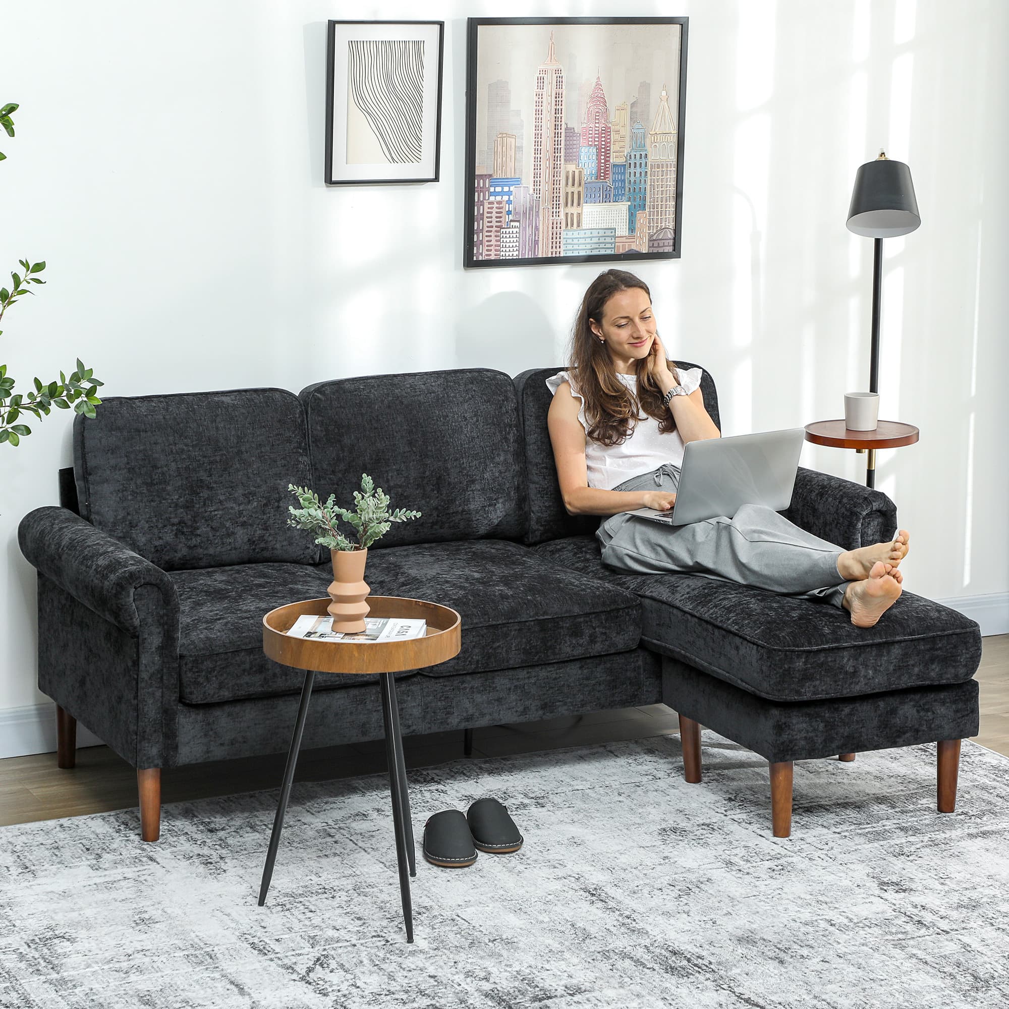 HOMCOM L Shape Sofa, Modern Sectional Couch with Changeable Chaise Lounge, Wooden Legs, Corner Sofa for Living Room, Black | Aosom Canada