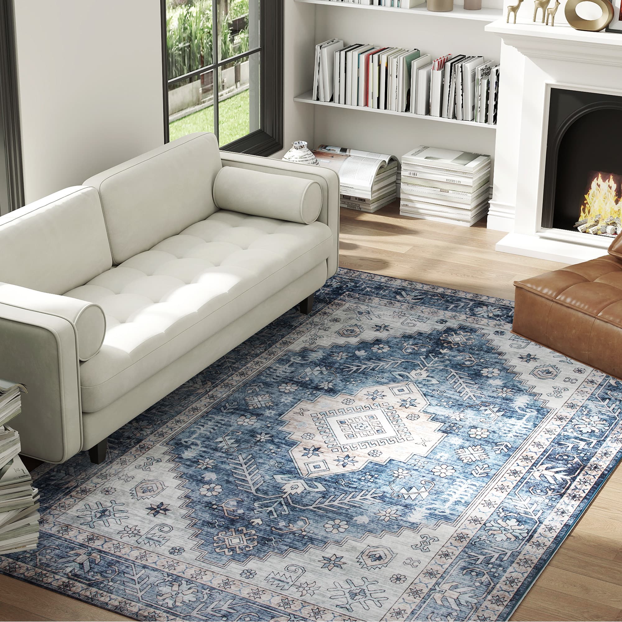 HOMCOM 5x7 Area Rug, Vintage Machine Washable Rug, Non-Slip Floor Carpet for Living Room, Bedroom, Dining Room, Blue | Aosom Canada