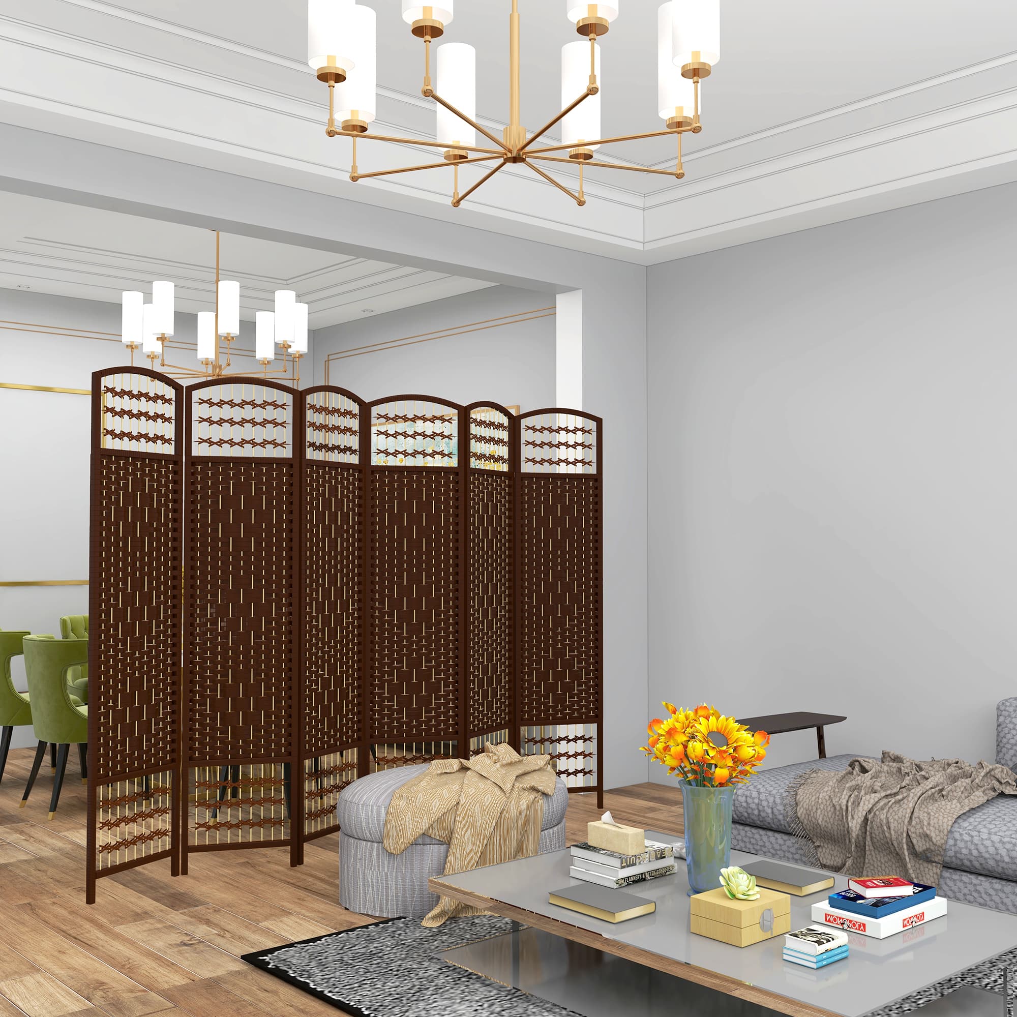 HOMCOM Wave Fiber Privacy Partition: 6 Panel Folding Room Divider Screen for Home Office, Brown Finish | Aosom Canada
