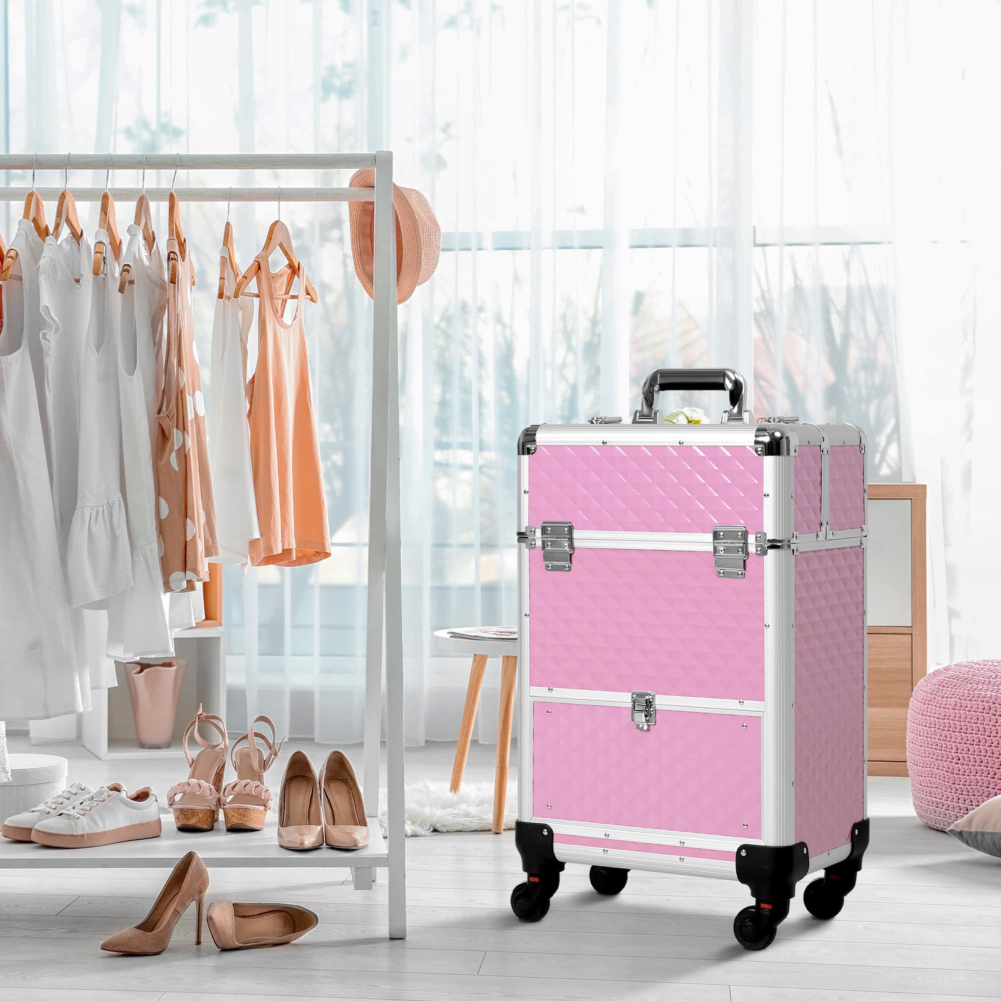 HOMCOM Makeup Train Case Portable Aluminum Rolling Cosmetic Organizer Trolley 4 Wheels Pink Salon Beauty Jewelry Storage | Aosom Canada