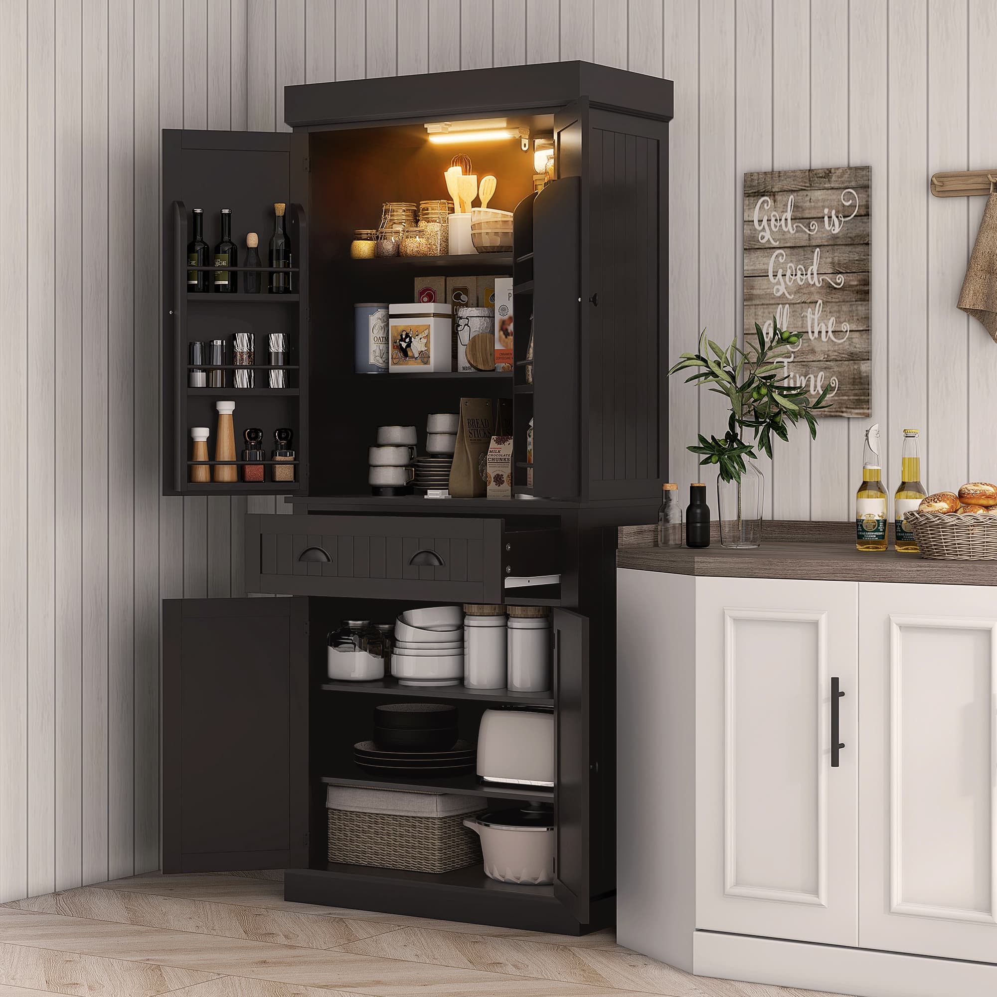 HOMCOM 71" Kitchen Pantry Cabinet with LED Lights, 6 Spice Racks, a Drawer and 4 Adjustable Shelves, Black | Aosom Canada