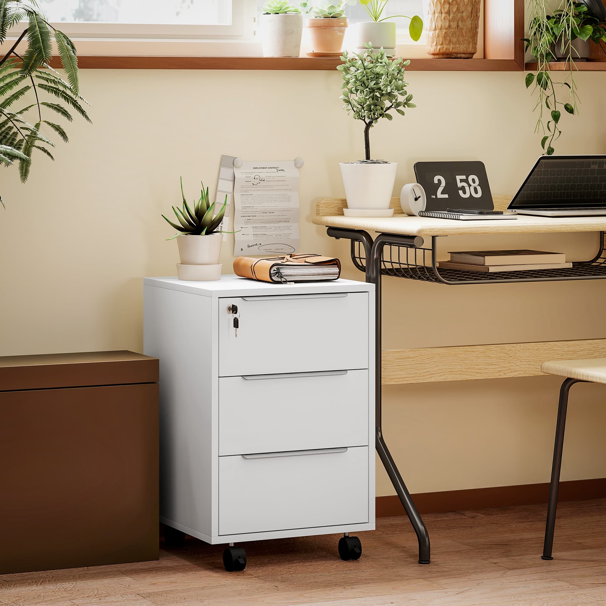 HOMCOM 3-Drawer File Cabinet with Wheels, Vertical Filing Cabinet with Lock, White | Aosom Canada
