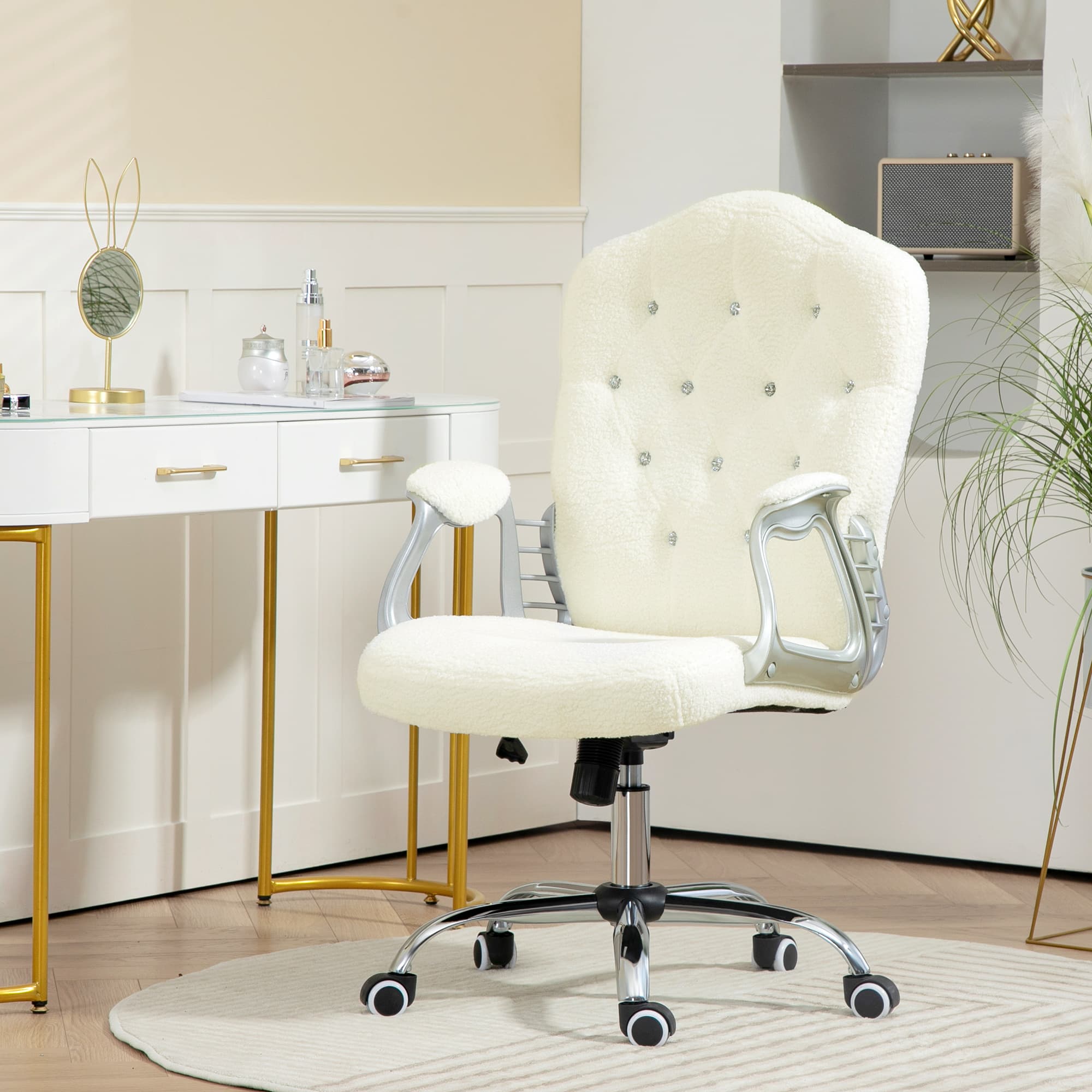 Vinsetto Velvet Computer Chair, Button Tufted Desk Chair with Swivel Wheels, Adjustable Height White | Aosom Canada