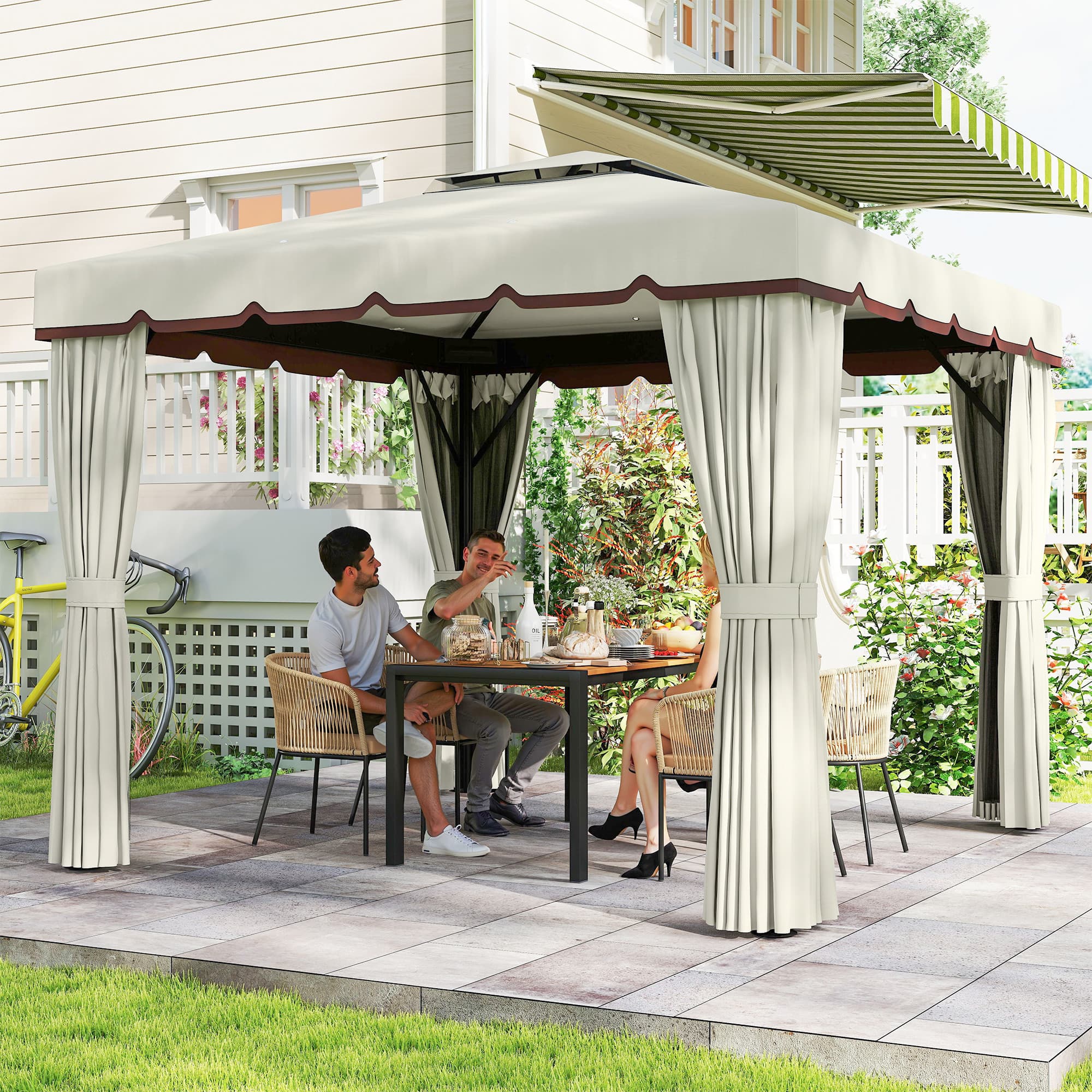 Outsunny 10' x 10' Outdoor Patio Gazebo Double Soft-top Garden Shelter Tent with Curtains, & Mesh Screen Drapes, Cream White | Aosom Canada