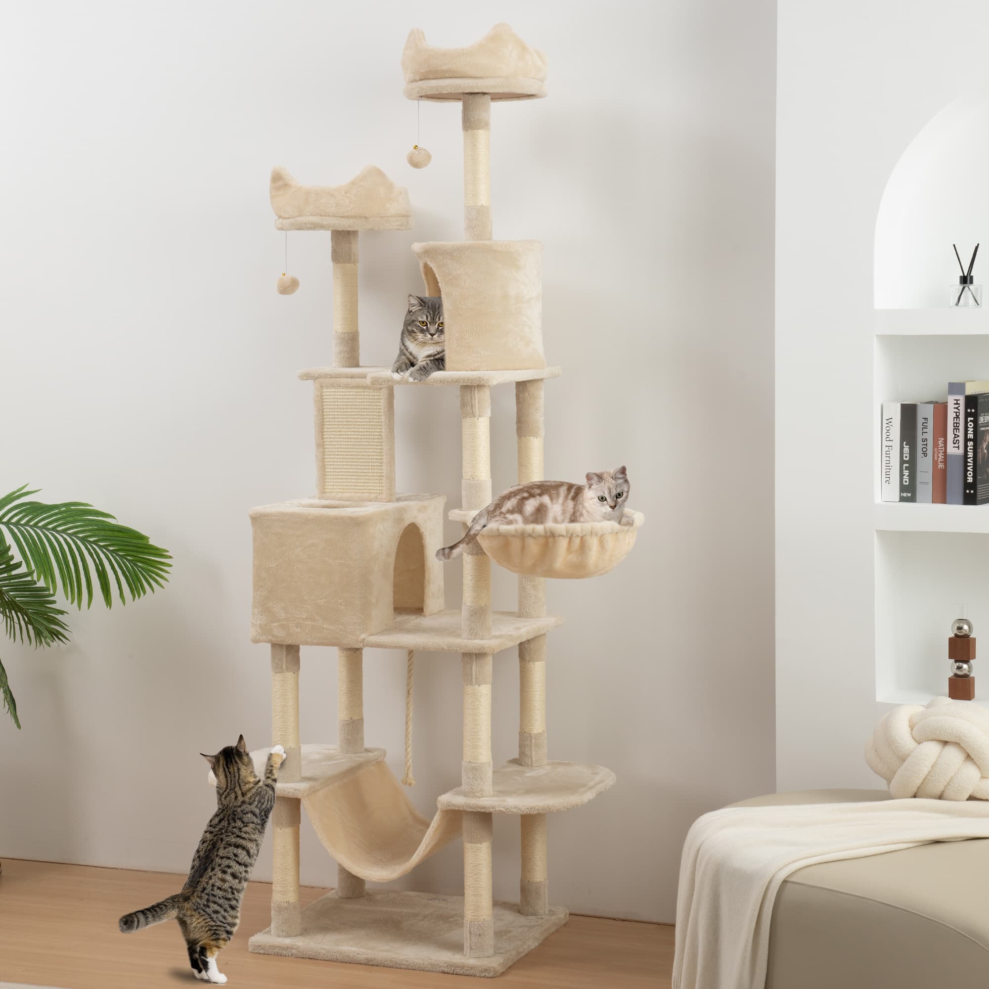 PawHut 81" Large Cat Tree w/ Scratching Posts, Condos, Beds, Hammocks, Jumping Platforms, Toy Balls, Rope Cat Toy, Beige | Aosom Canada