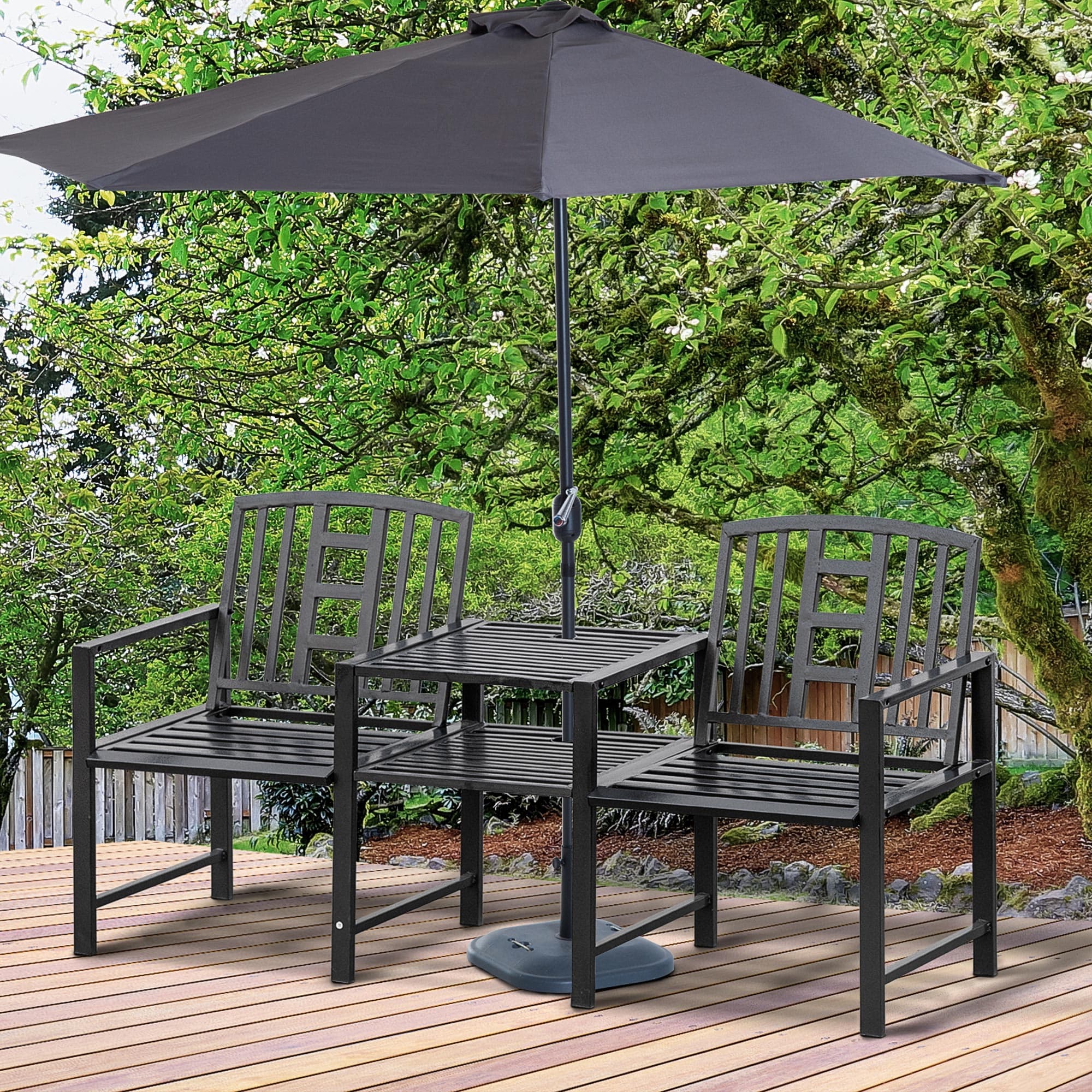 Outsunny Steel Garden Bench with Middle Table & Umbrella Hole, Double Seat, Weather-Resistant Frame for Outdoor, Patio, Black | Aosom Canada