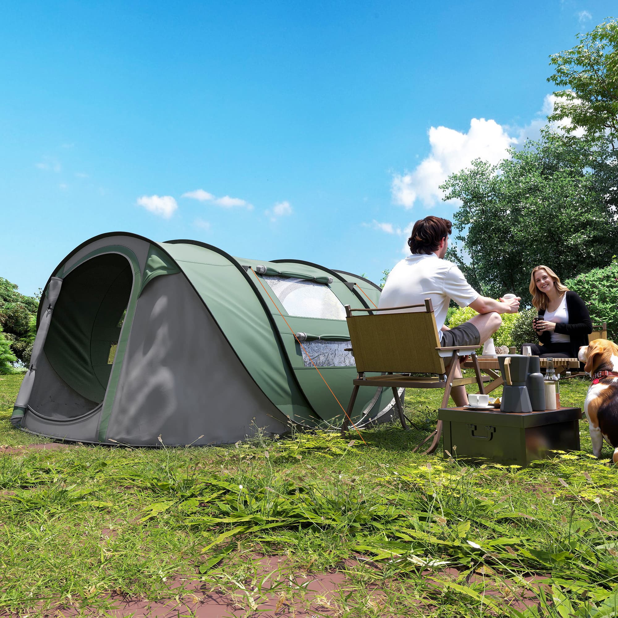 Outsunny 5 Person Camping Tent, Easy Pop Up Tent with Doors, Windows and Carry Bag, Automatic Setup Tent for Hiking, Dark Green | Aosom Canada
