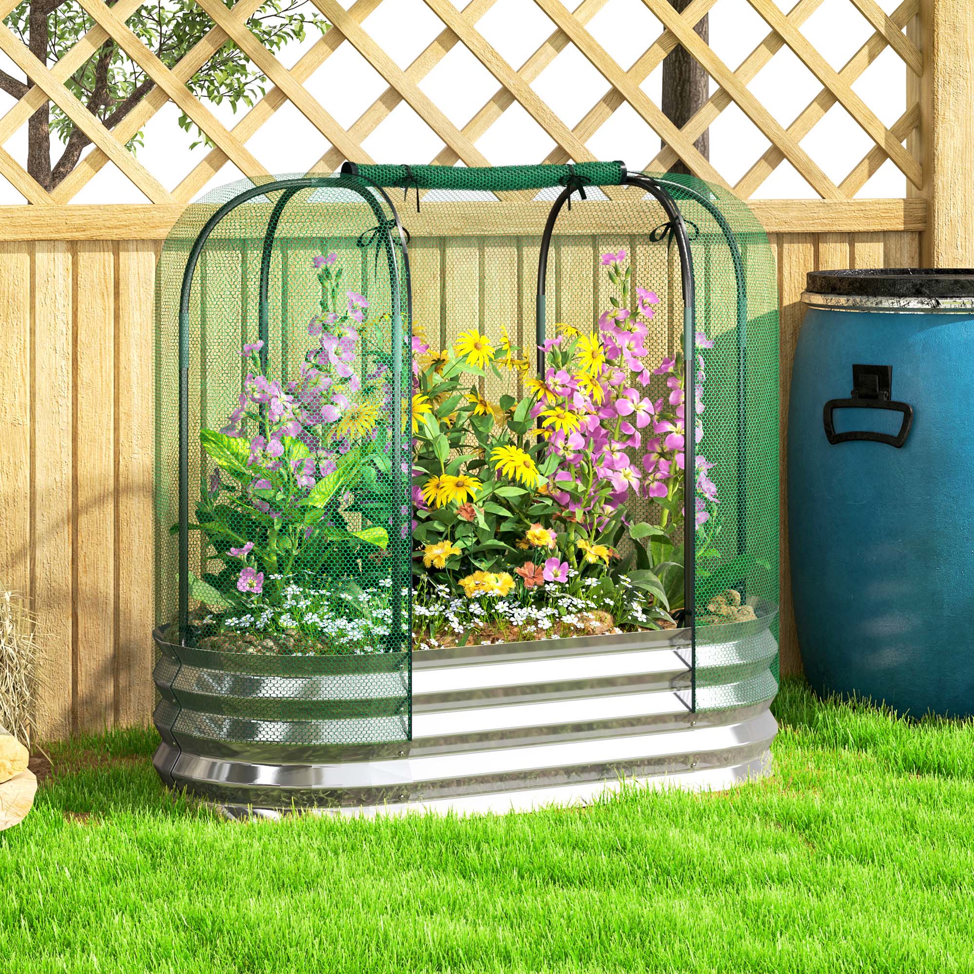 Outsunny Galvanized Raised Garden Bed with Crop Cage Protection Net Cover, Outdoor Planter Box for Vegetables, Flowers, Herbs | Aosom Canada