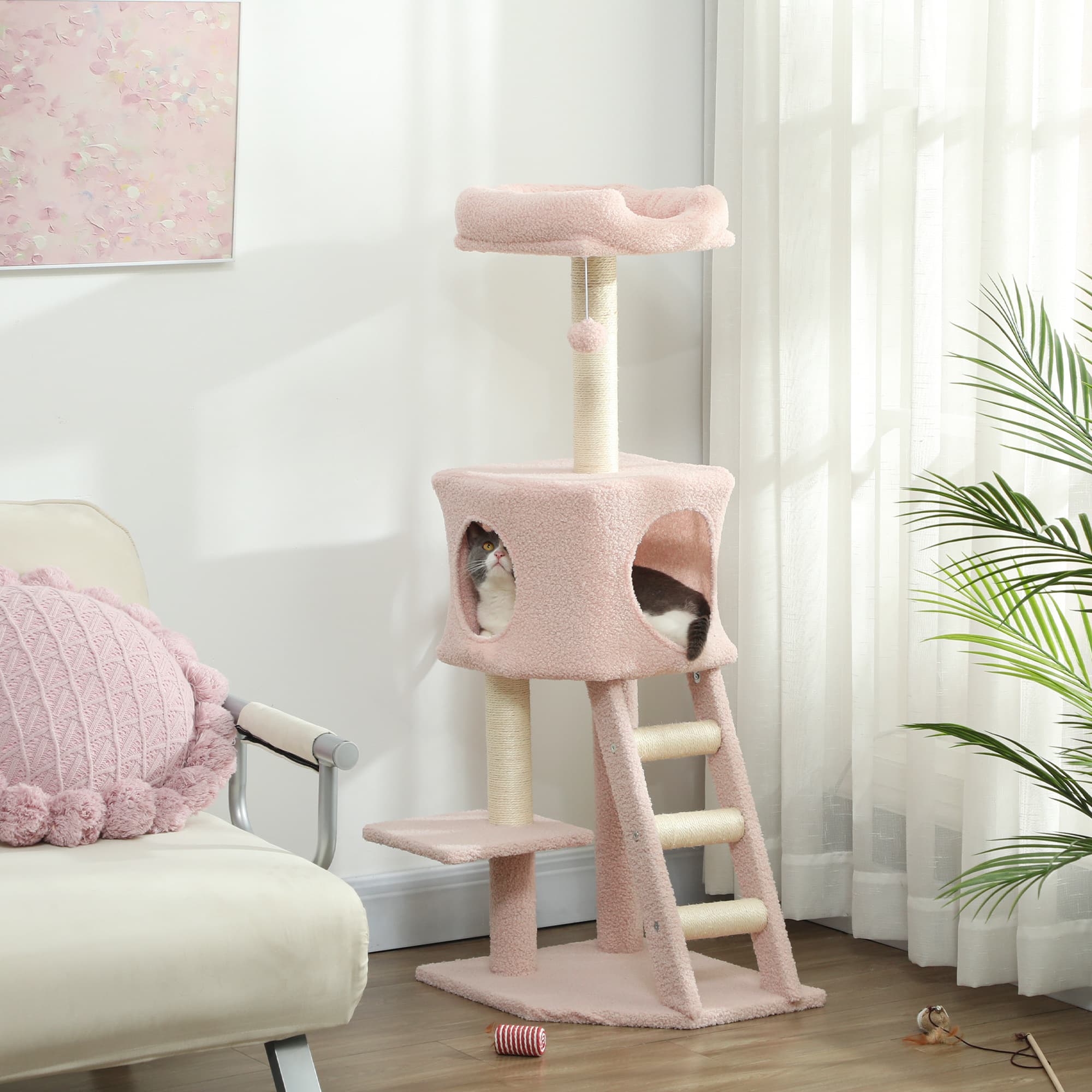 PawHut 47" Tall Cat Tree Tower with Condo, Ladder, Scratching Posts and Hanging Ball, Pink | Aosom Canada