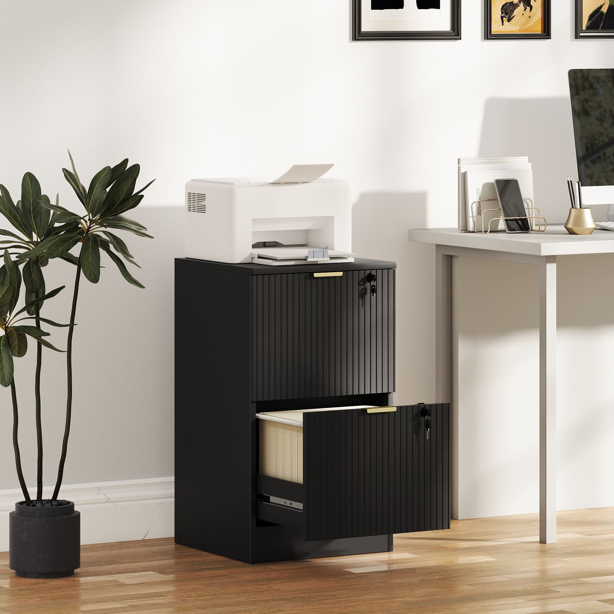 HOMCOM Lockable Filing Cabinet with 2 Fluted Drawers, File Cabinet with Adjustable Hanging Rails for A4 Letter Files, Black | Aosom Canada