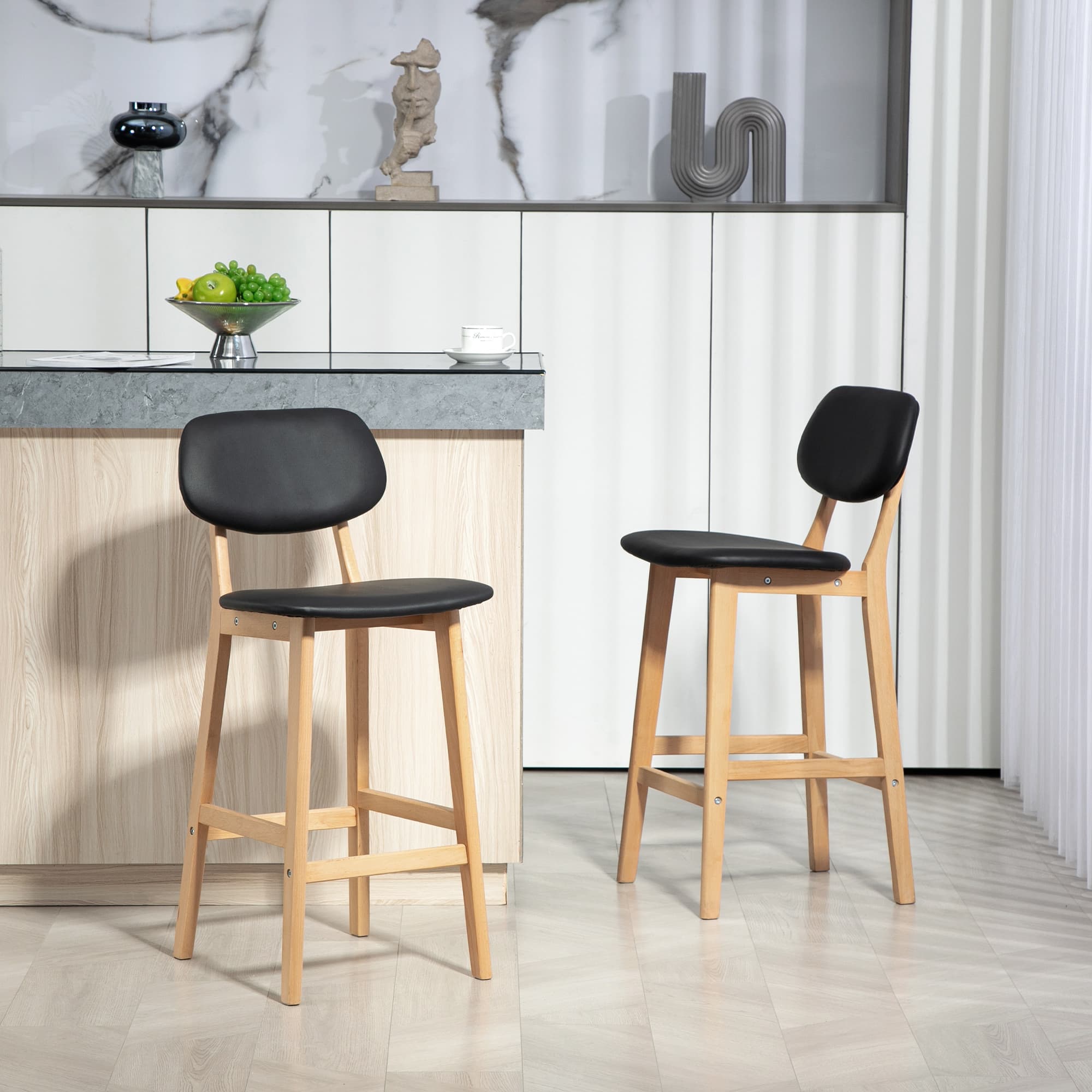 HOMCOM Bar Stools Set of 2, PU Leather Counter Height Barstools, Bar Chairs with Footrest, Solid Wood Legs, Natural and Black | Aosom Canada