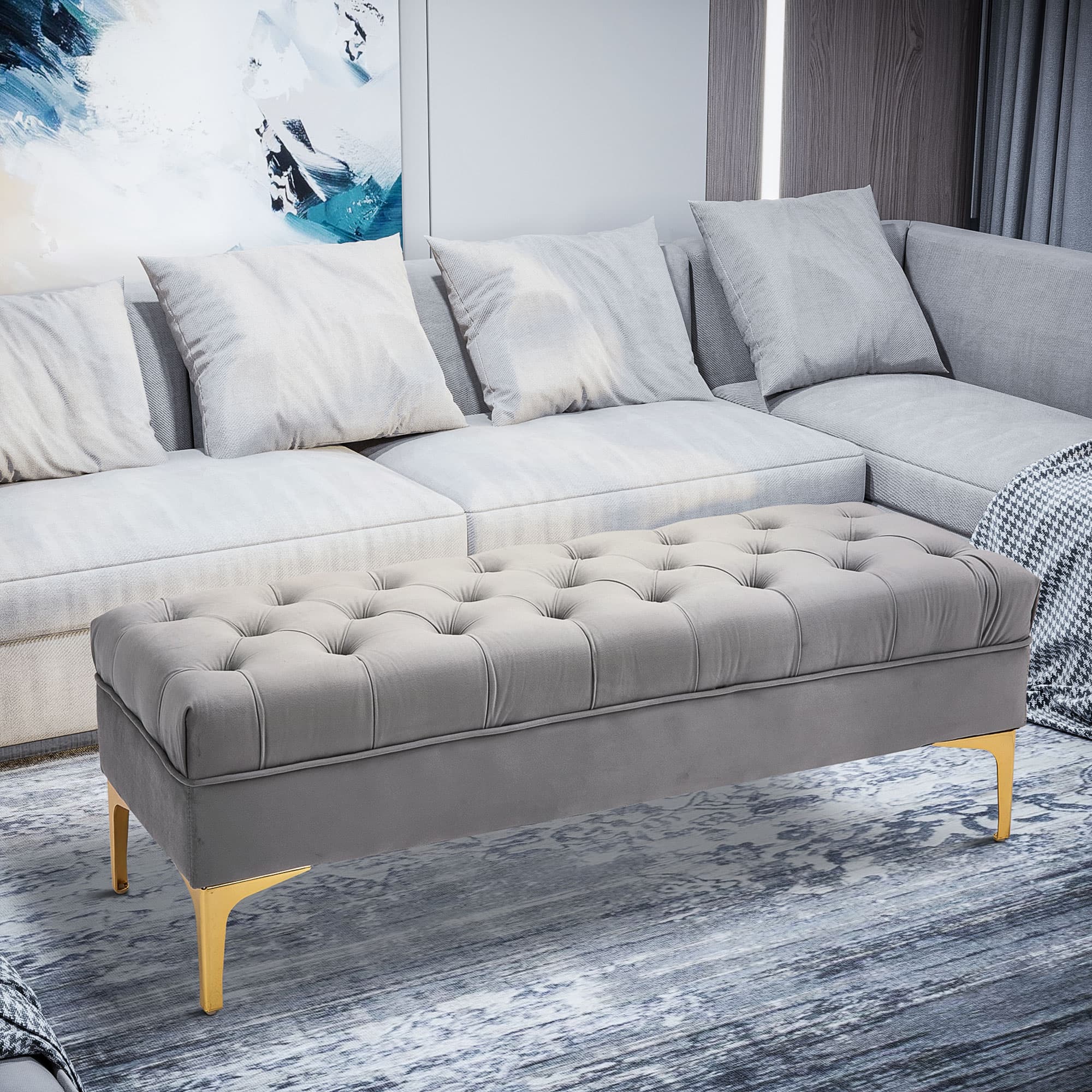 HOMCOM Button-Tufted Elegance: Modern Ottoman Bench with Entryway Shoe Storage for Living Room, Bedroom, Hallway, Grey | Aosom Canada